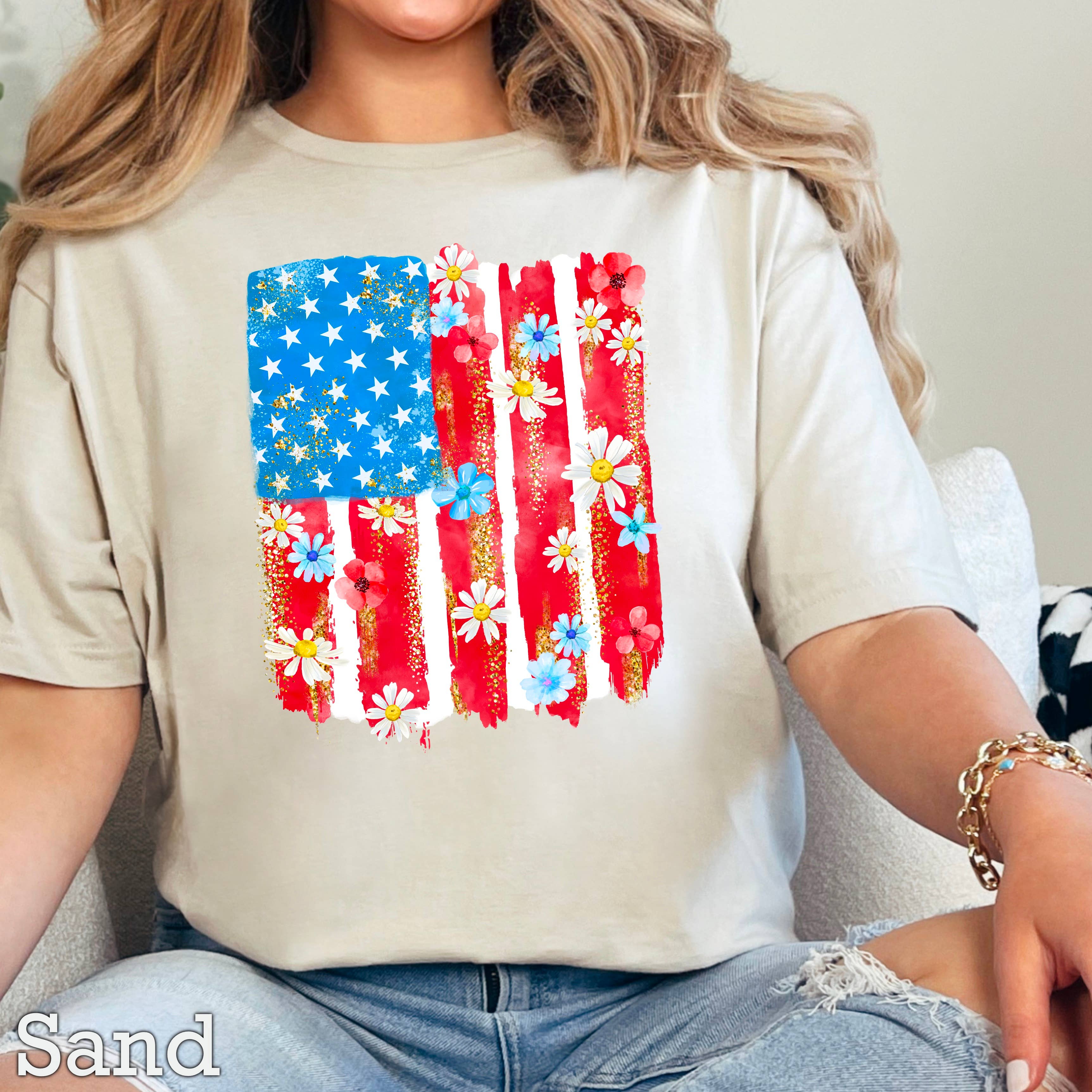 USA Floral Flag July 4th Graphic Tee | Gildan Hoodie, Sweatshirt | PodTeesHub.com