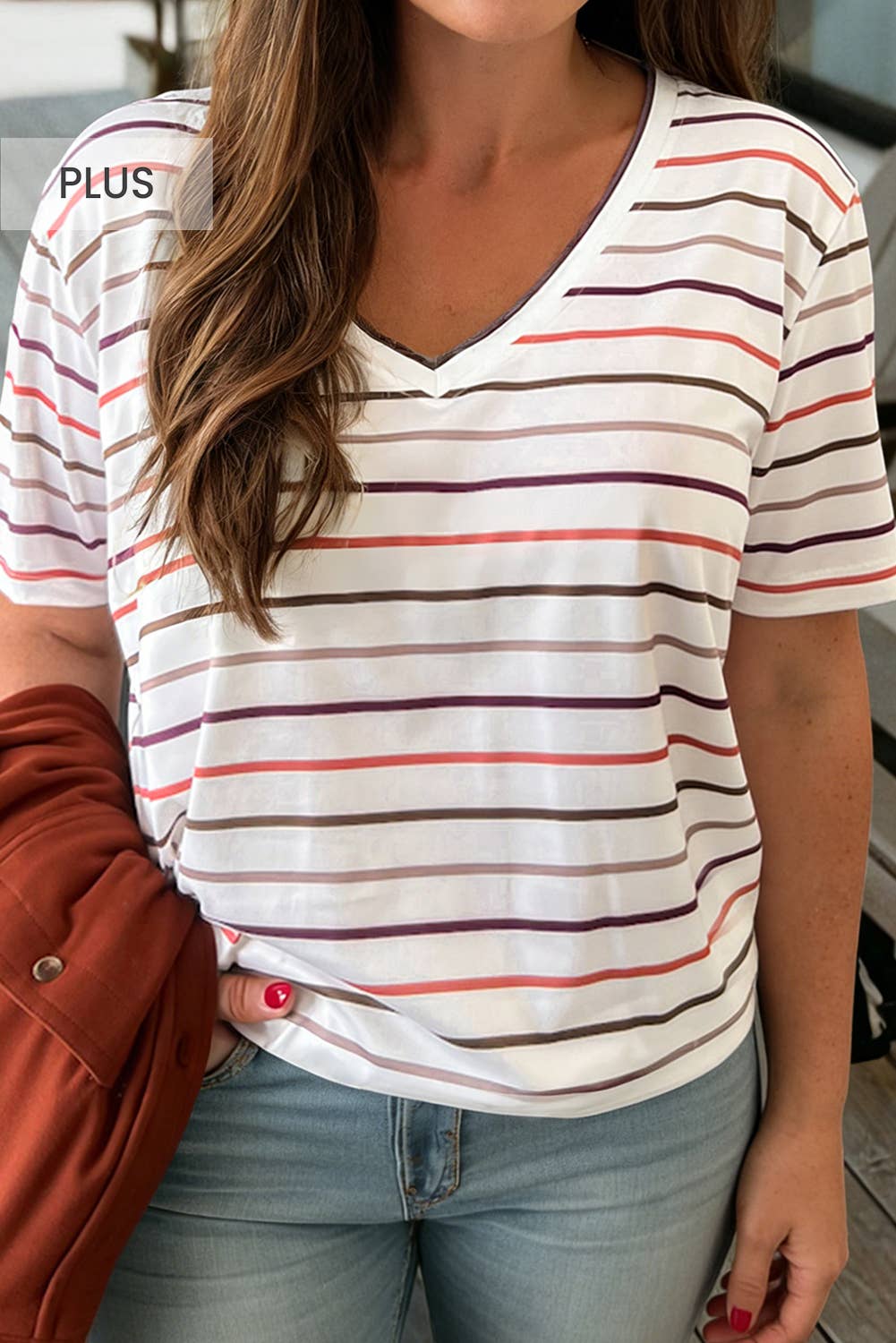 Plus Size Stripe V Neck Short Sleeve Casual Tee Hoodie, Sweatshirt | PodTeesHub.com