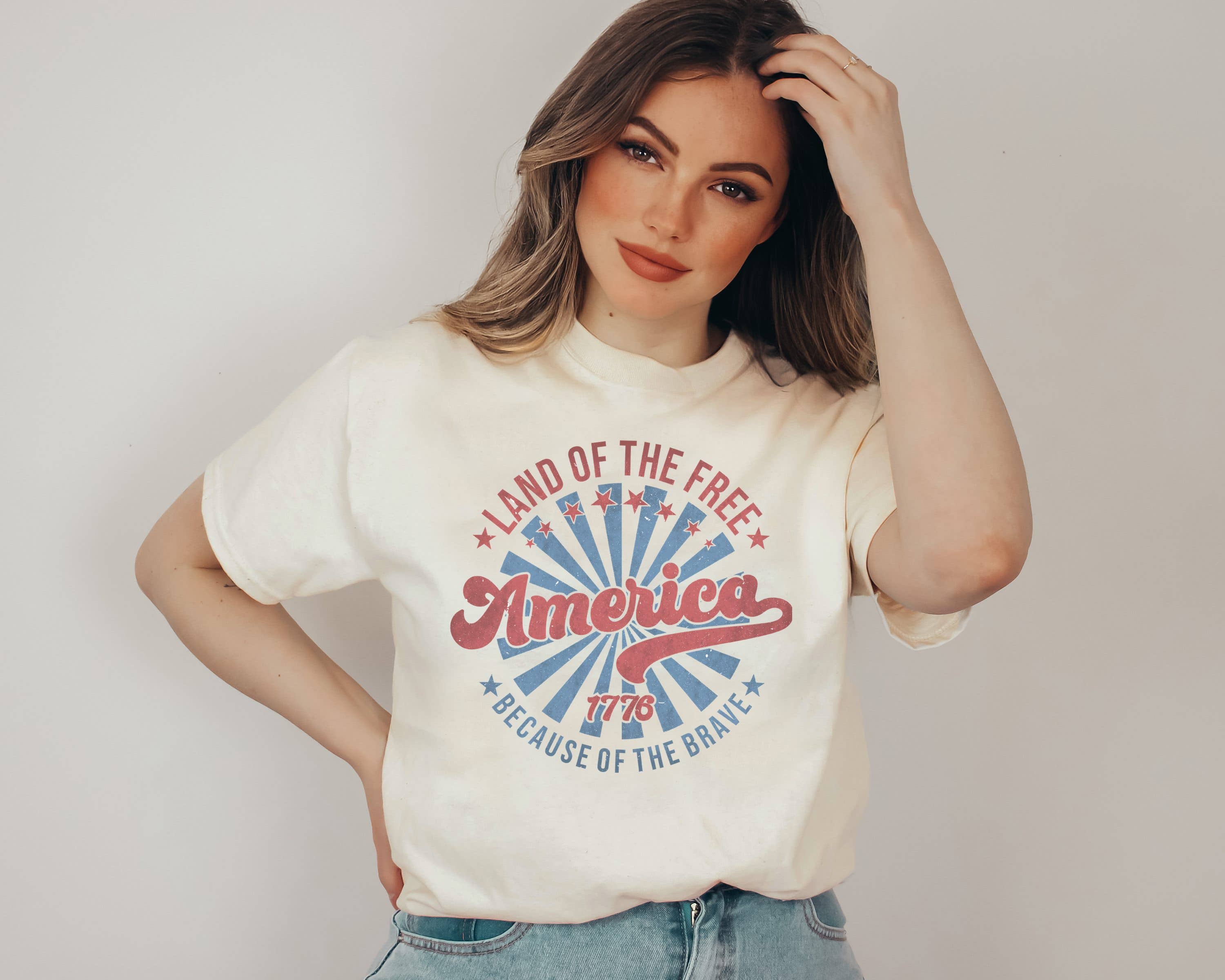 Land of the Free Retro Circle Tee | Patriotic T Shirt Hoodie, Sweatshirt | PodTeesHub.com