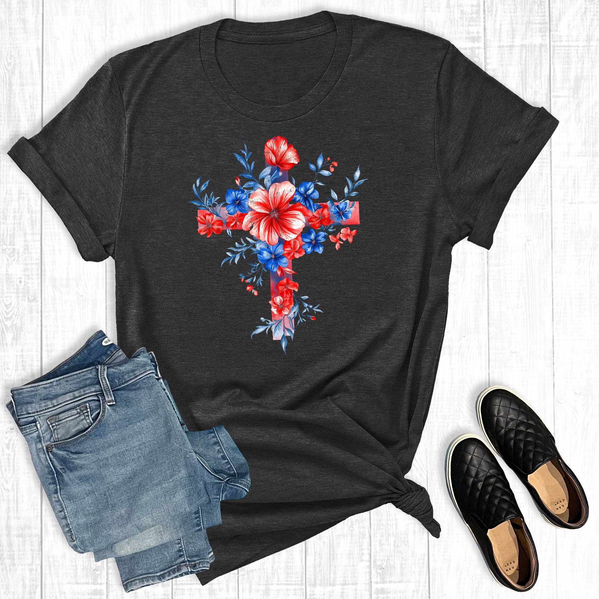 Retro Faith Patriotic Floral Cross Graphic Tee Hoodie, Sweatshirt | PodTeesHub.com