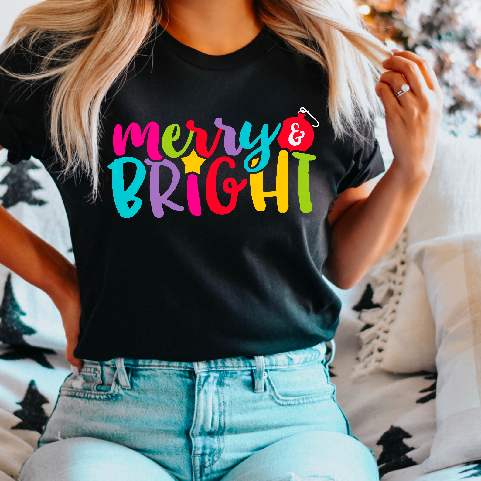 Merry & Bright Christmas Graphic Tee Hoodie, Sweatshirt | PodTeesHub.com