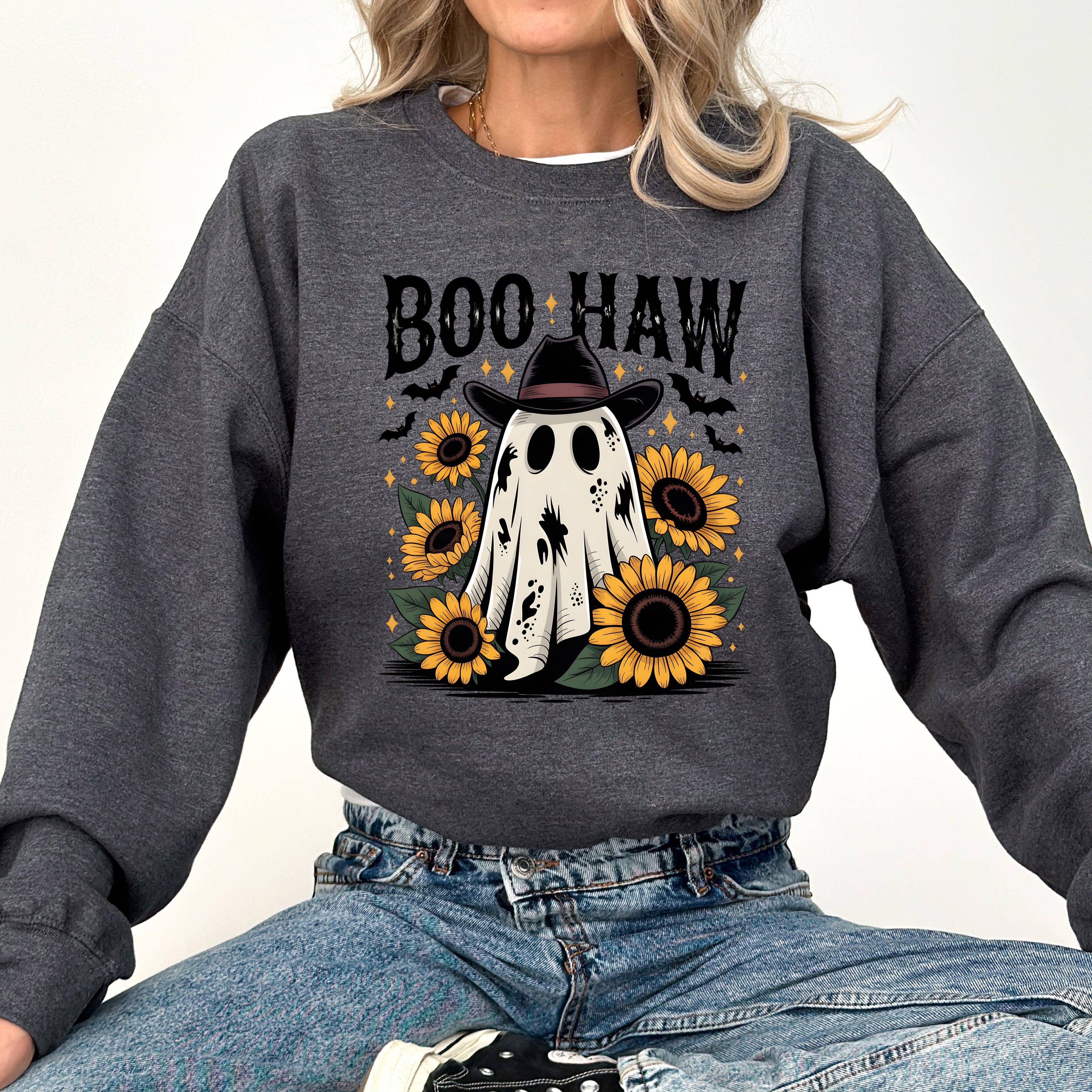 Boo Haw, Cowboy Ghost, Halloween, Sunflowers, Sweatshirt T-Shirts, Hoodie | PodTeesHub.com
