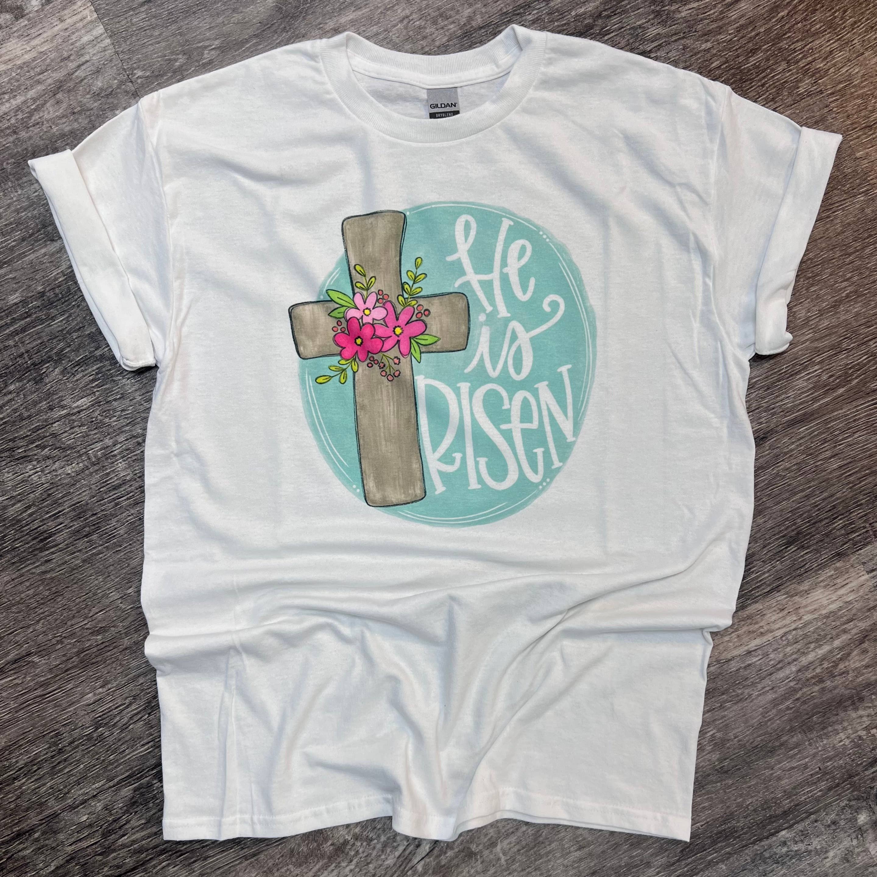 He Is Risen Floral Cross On White Tee Hoodie, Sweatshirt | PodTeesHub.com