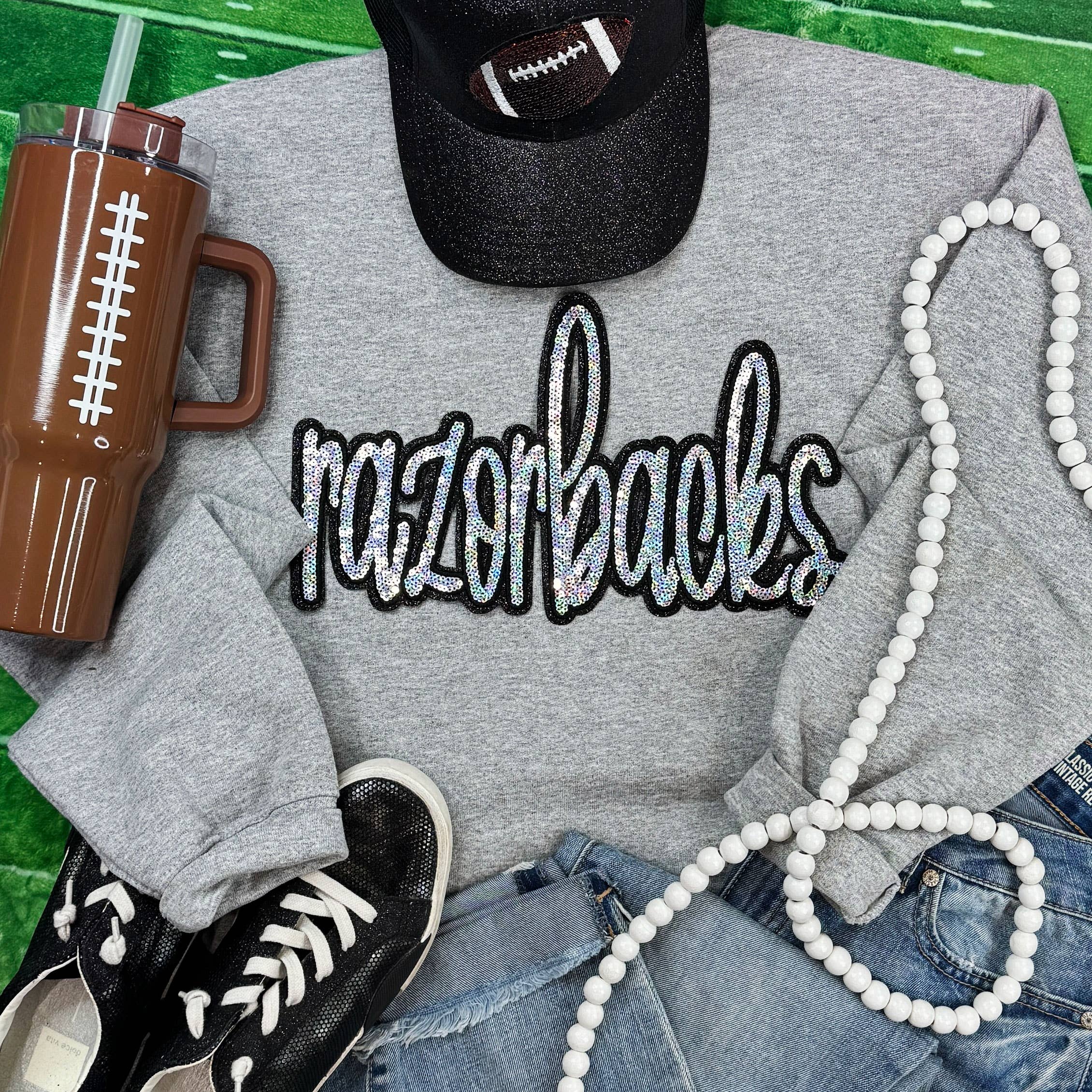 Razorbacks Sequin Patch Sport Grey Crewneck Sweatshirt T-Shirts, Hoodie | PodTeesHub.com
