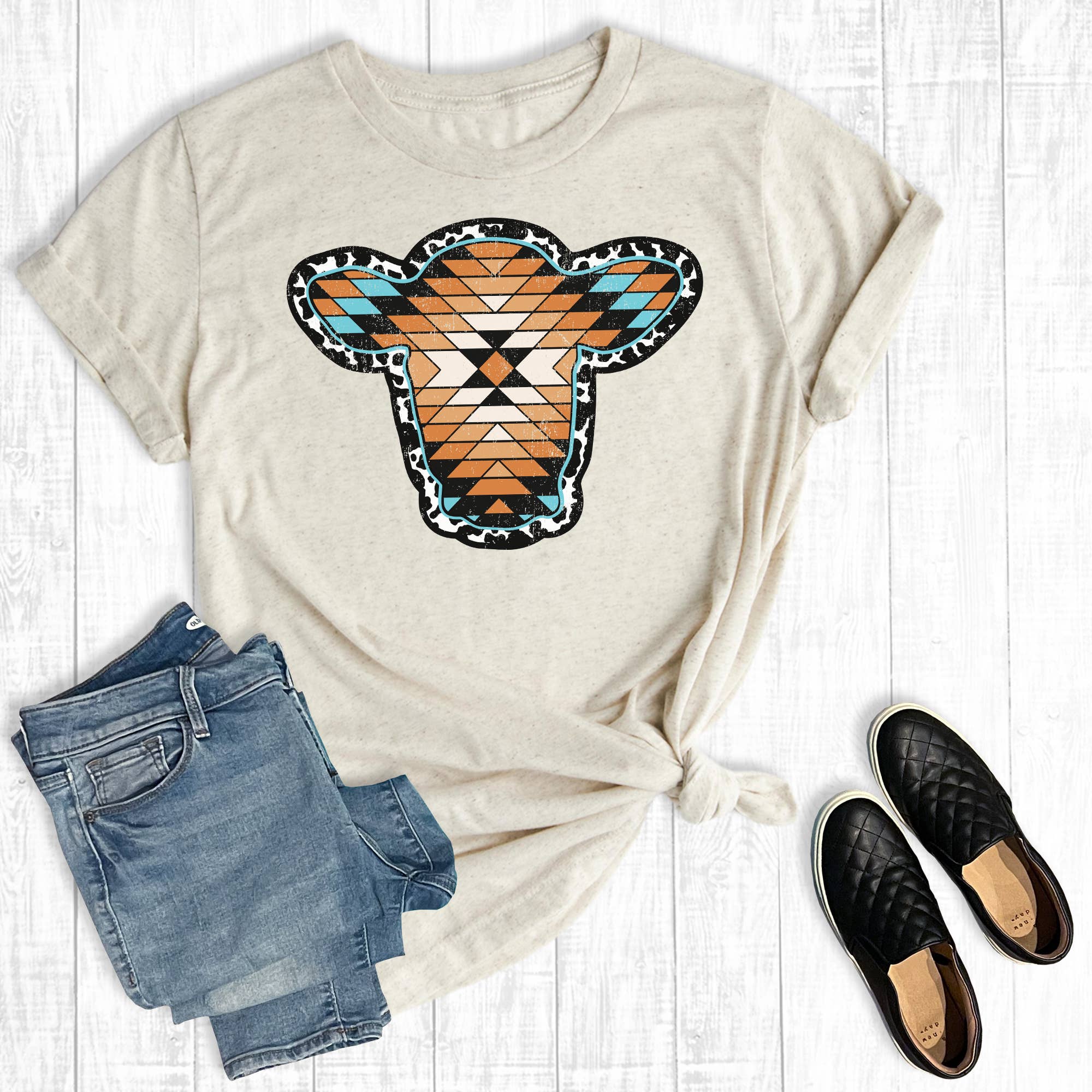 Western Aztec Cowhide Cow Head Graphic Tee Hoodie, Sweatshirt | PodTeesHub.com