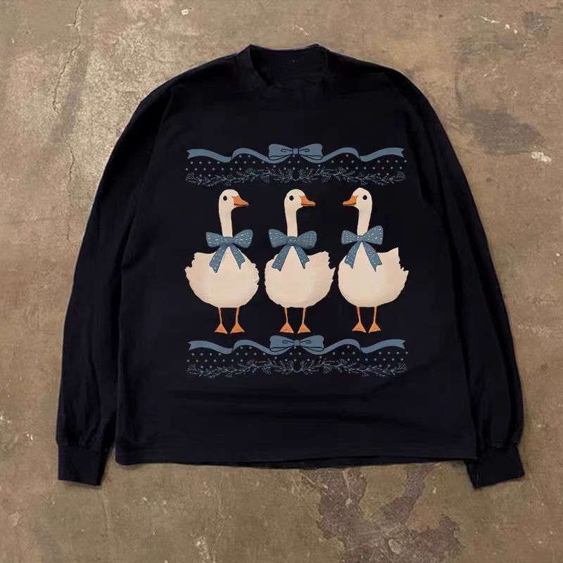 Vintage Black Washed Retro Cartoon Duck Print Long Sleeved T Shirt Hoodie, Sweatshirt | PodTeesHub.com