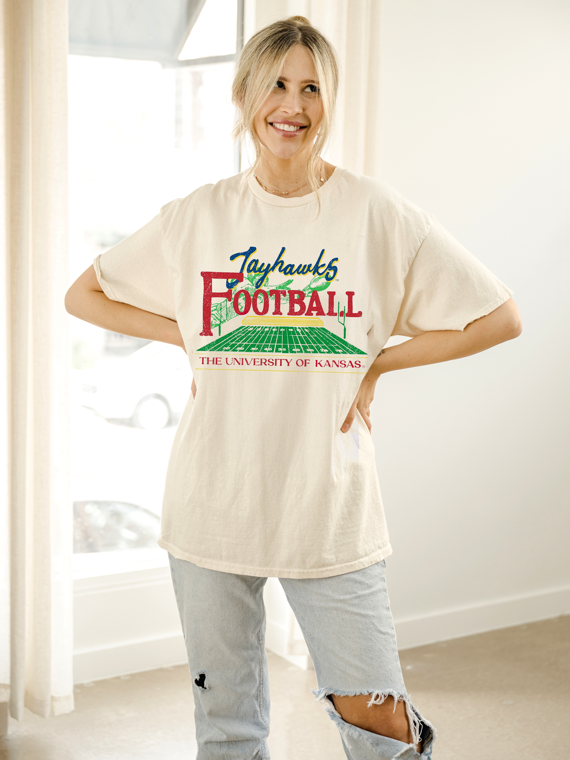 Ku Jayhawks Football Field Off White Thrifted Tee Hoodie, Sweatshirt | PodTeesHub.com