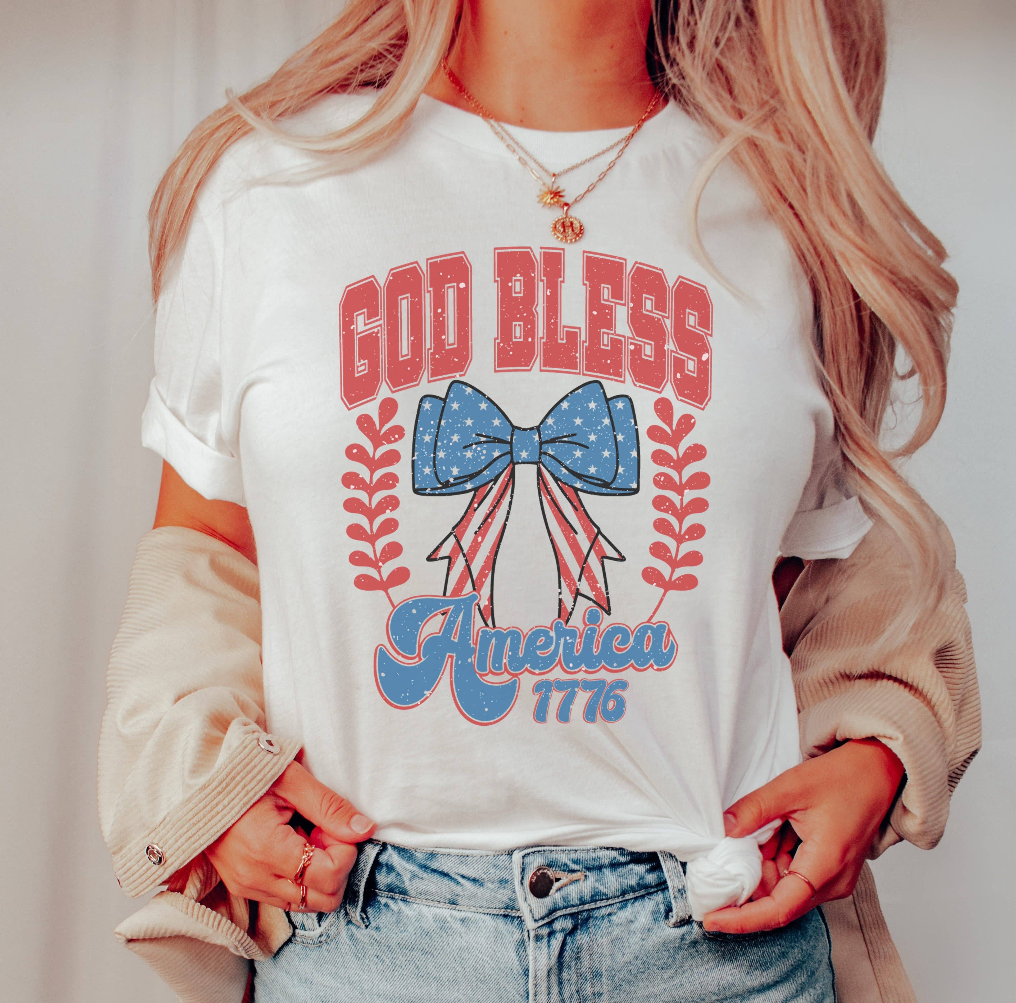 God Bless America Bow Tee | Patriotic T Shirt | Usa Tee Hoodie, Sweatshirt | PodTeesHub.com