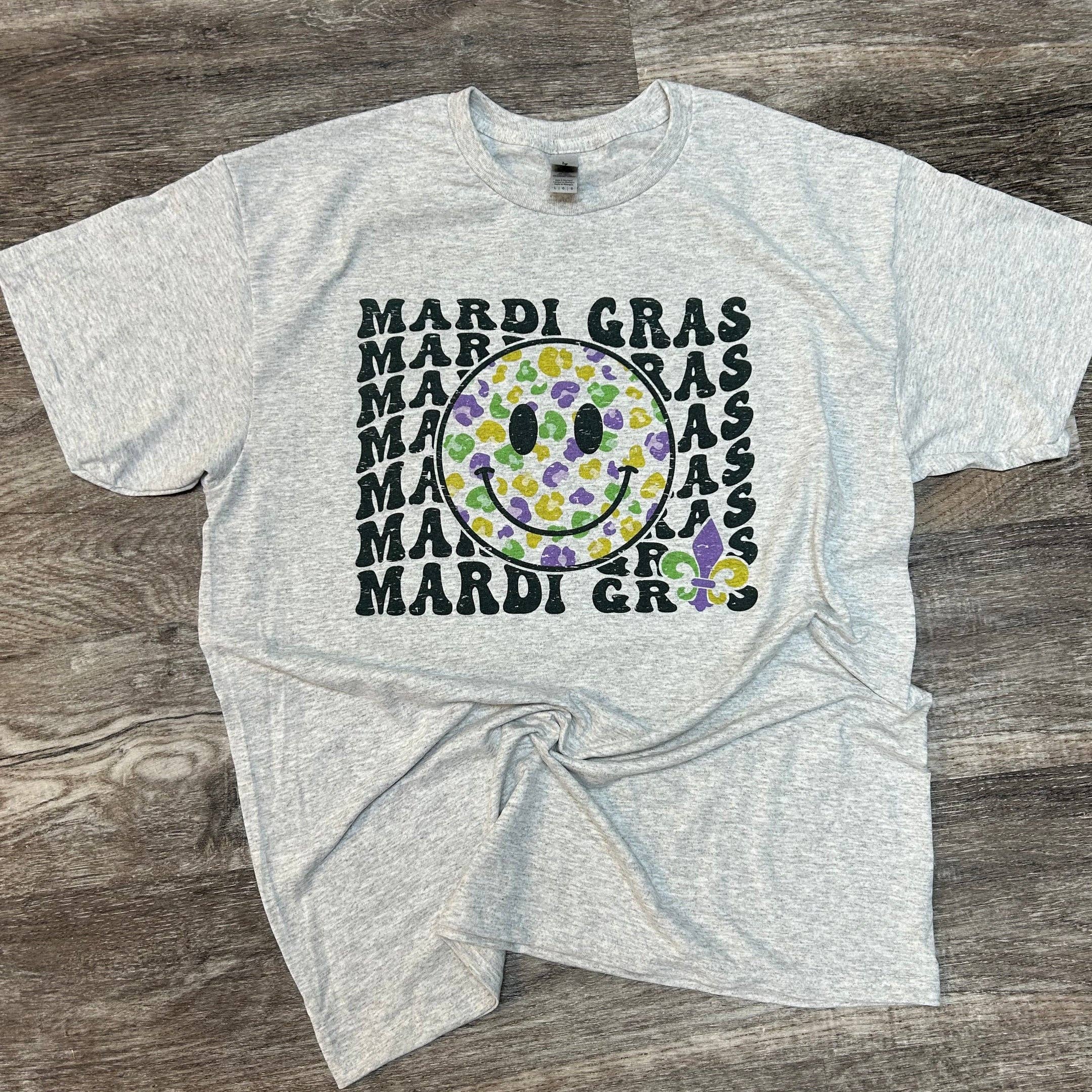Mardi Gras Smiley Face On Ash Gray Tee Hoodie, Sweatshirt | PodTeesHub.com