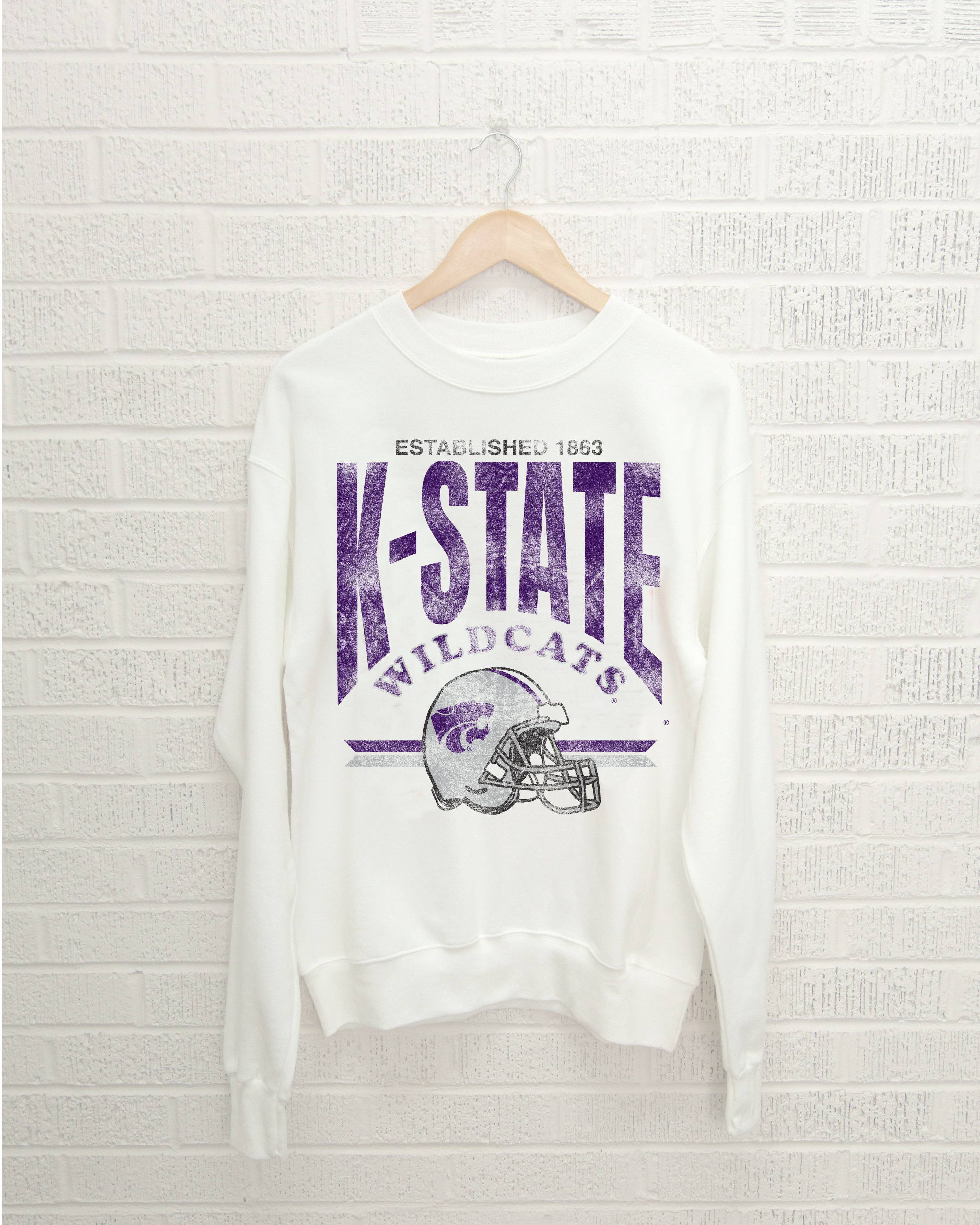 Kansas State Wildcats Est. Helmet White Thrifted Sweatshirt T-Shirts, Hoodie | PodTeesHub.com