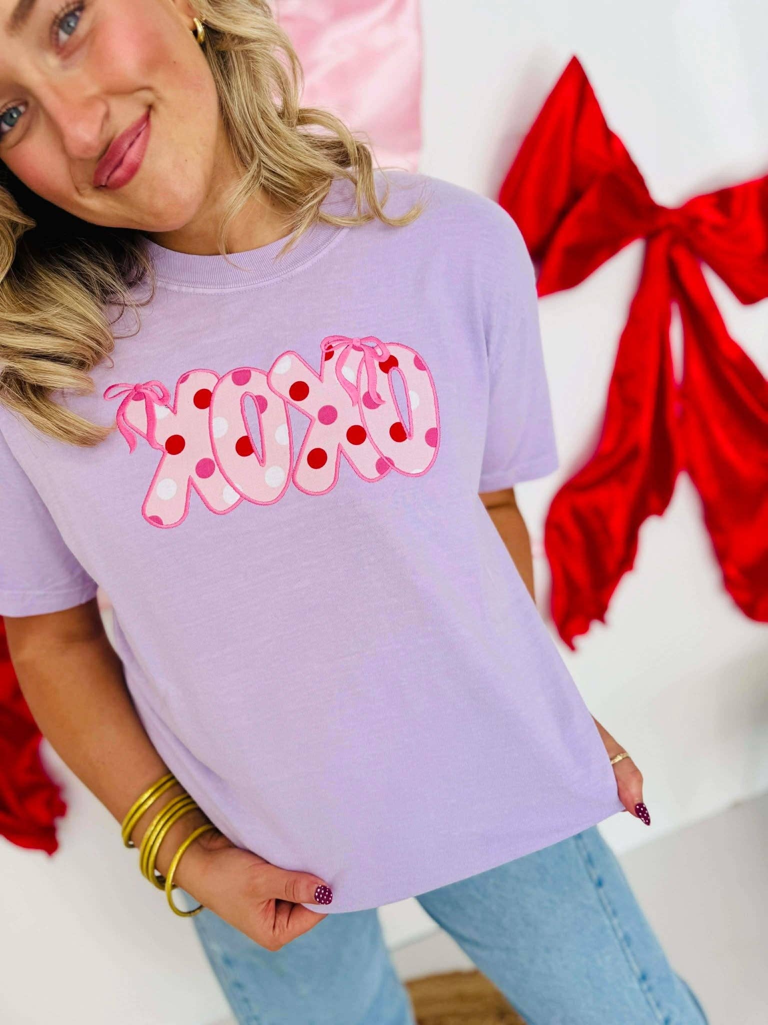 Xoxo Polka Dot Applique Tee Hoodie, Sweatshirt | PodTeesHub.com