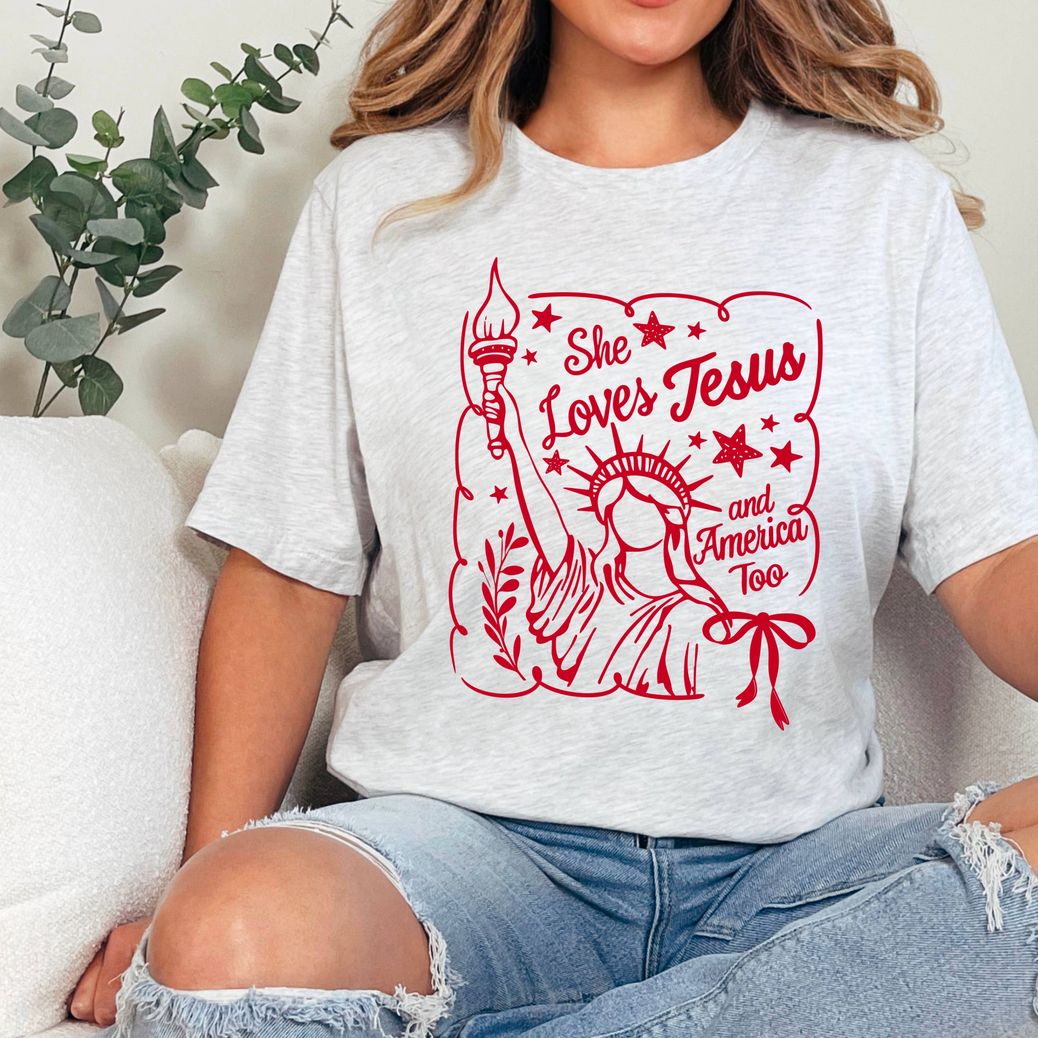She Loves Jesus and America | July 4th Graphic Tee | Gildan Hoodie, Sweatshirt | PodTeesHub.com