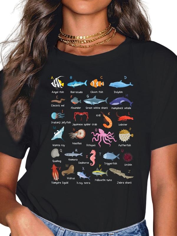 cotton A-Z Ocean Life Exploration - Sea Creatures Alphabet T-Shirt casual Fashion graphic tees for women Hoodie, Sweatshirt