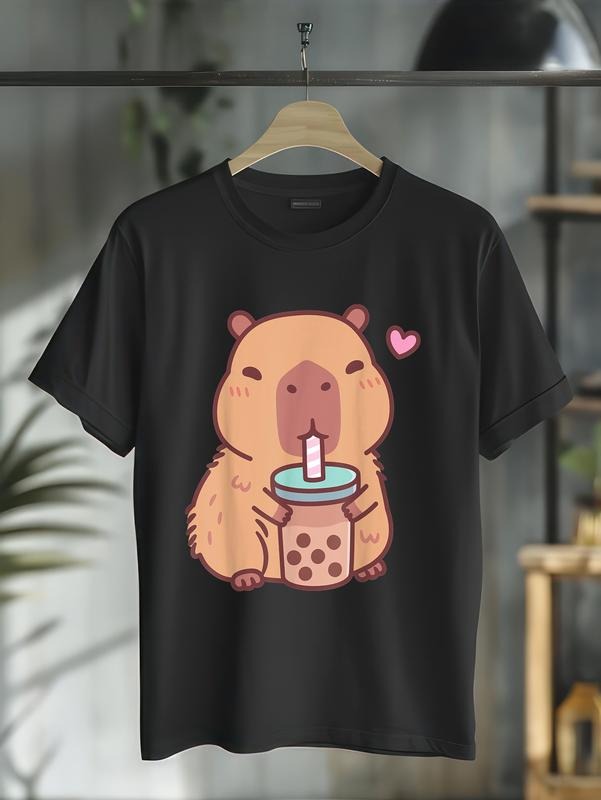 cotton Cute Capybara Kawaii Anime Drinking Bubble Tea Lover Girls T-Shirt casual Fashion graphic tees for women Hoodie,...