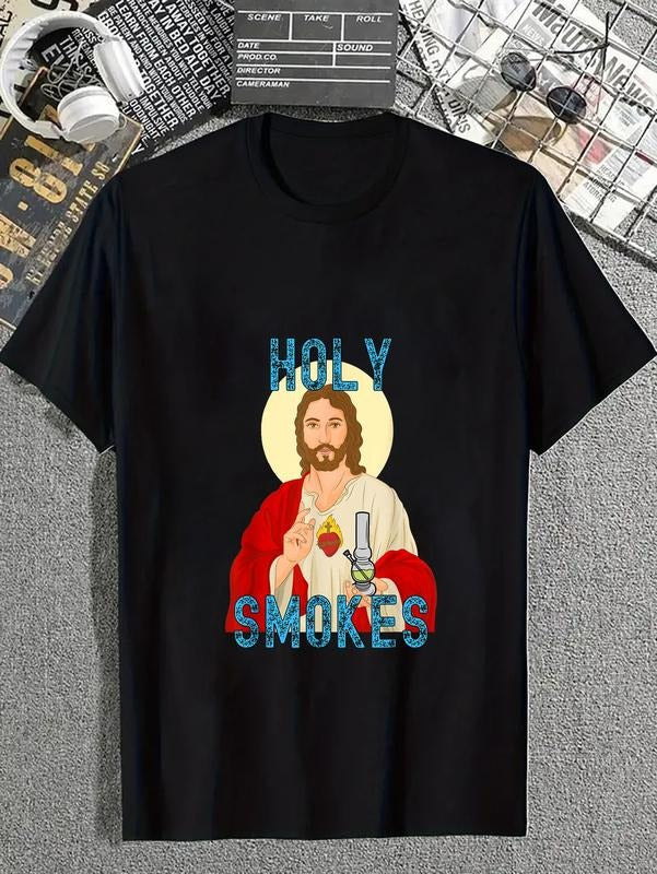 cotton Holy Smokes Funny Jesus Apparel Weed 420 Merch T-Shirt casual Fashion graphic tees for women Hoodie, Sweatshirt