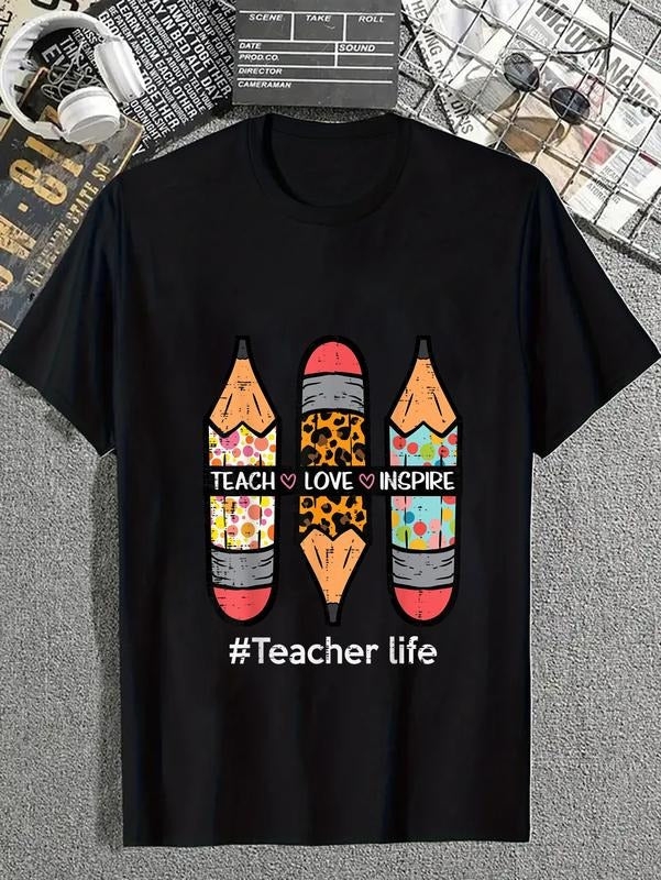 cotton Teacher Life Teach Love Inspire Pencils Inspirational Women T-Shirt casual Fashion graphic tees for women Hoodie,...