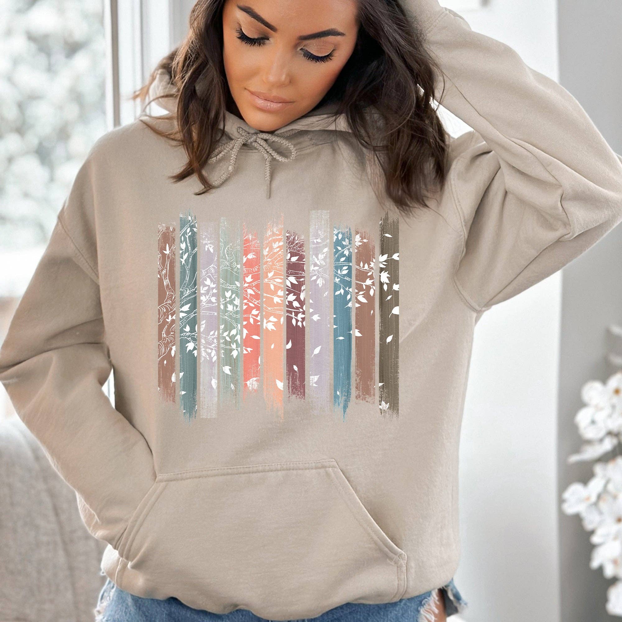 Falling Leaves, Botanical Stripes Hoodie T-Shirts, Sweatshirt | PodTeesHub.com