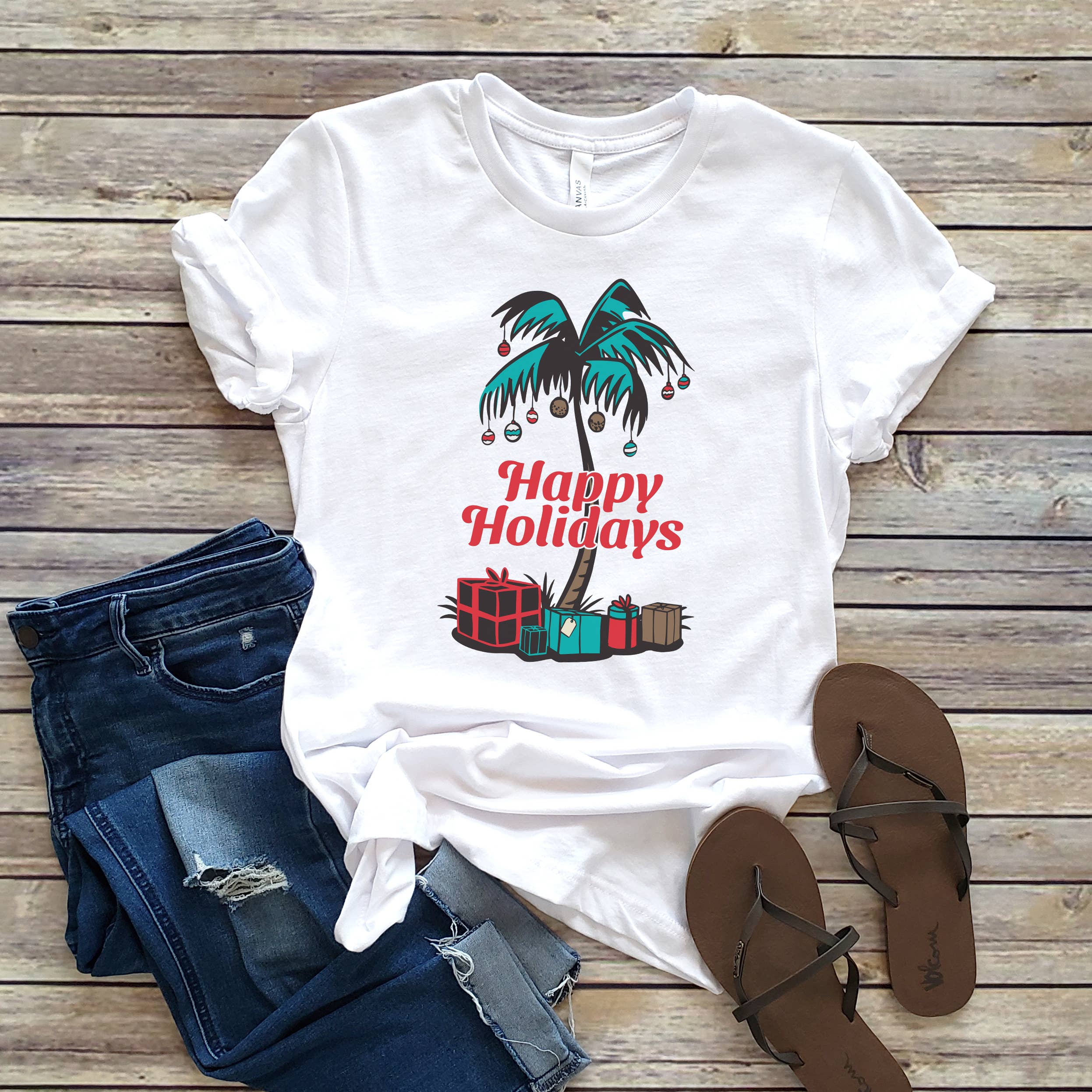 Happy Holidays Palm Tree Tee | Christmas | Sizes XS-2XL Hoodie, Sweatshirt | PodTeesHub.com