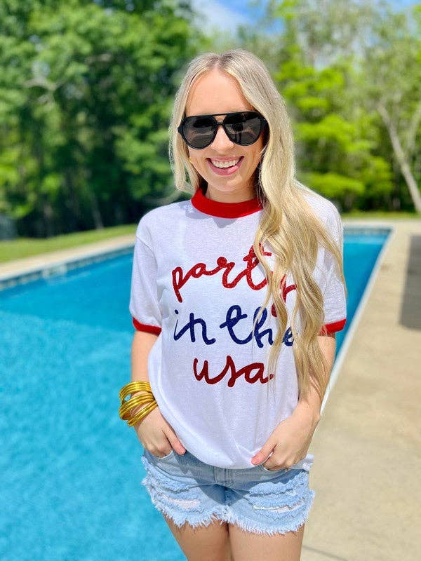 Party in the USA Glitter Ringer Tee Hoodie, Sweatshirt | PodTeesHub.com