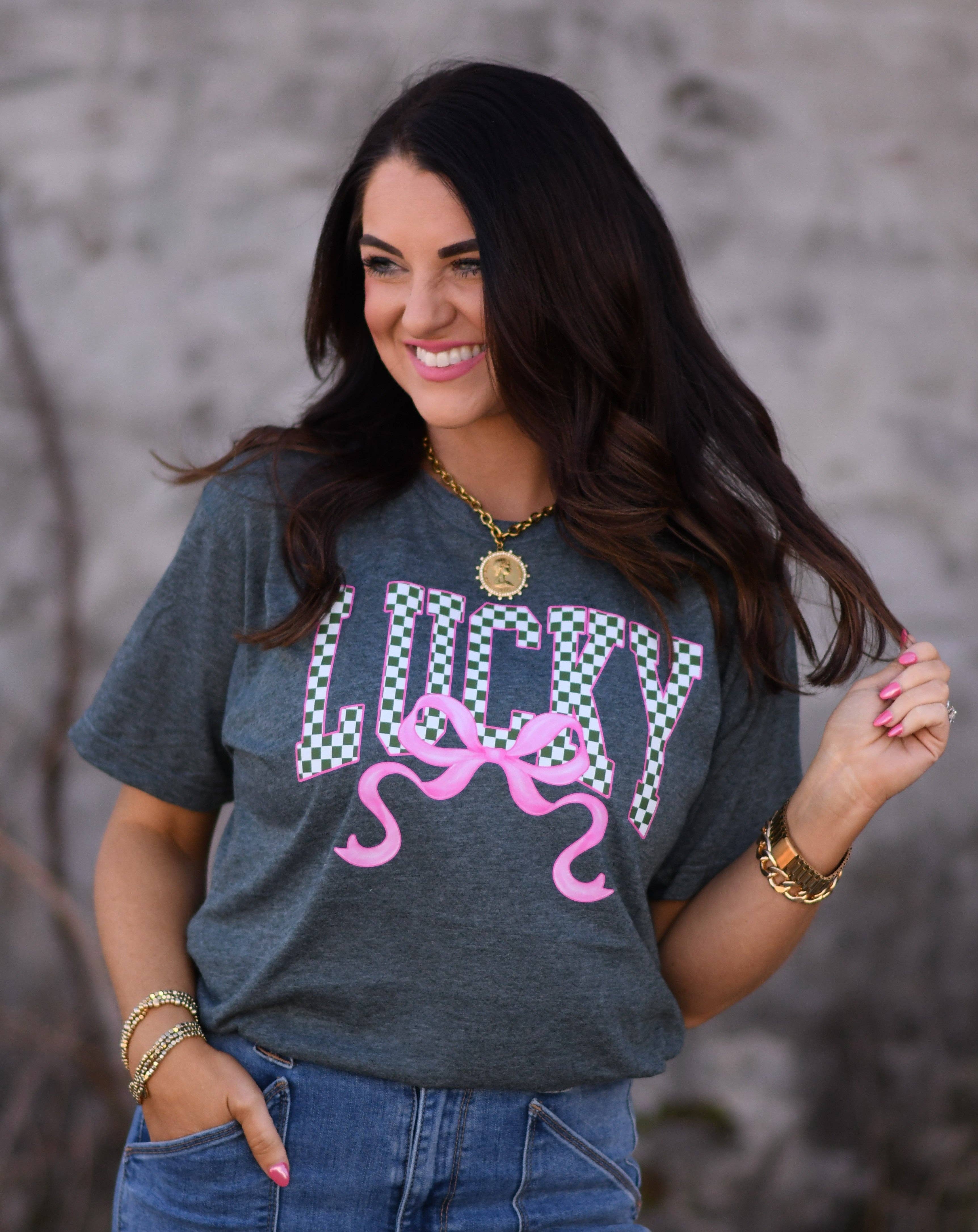 Lucky Checkered Bow Tee Hoodie, Sweatshirt | PodTeesHub.com
