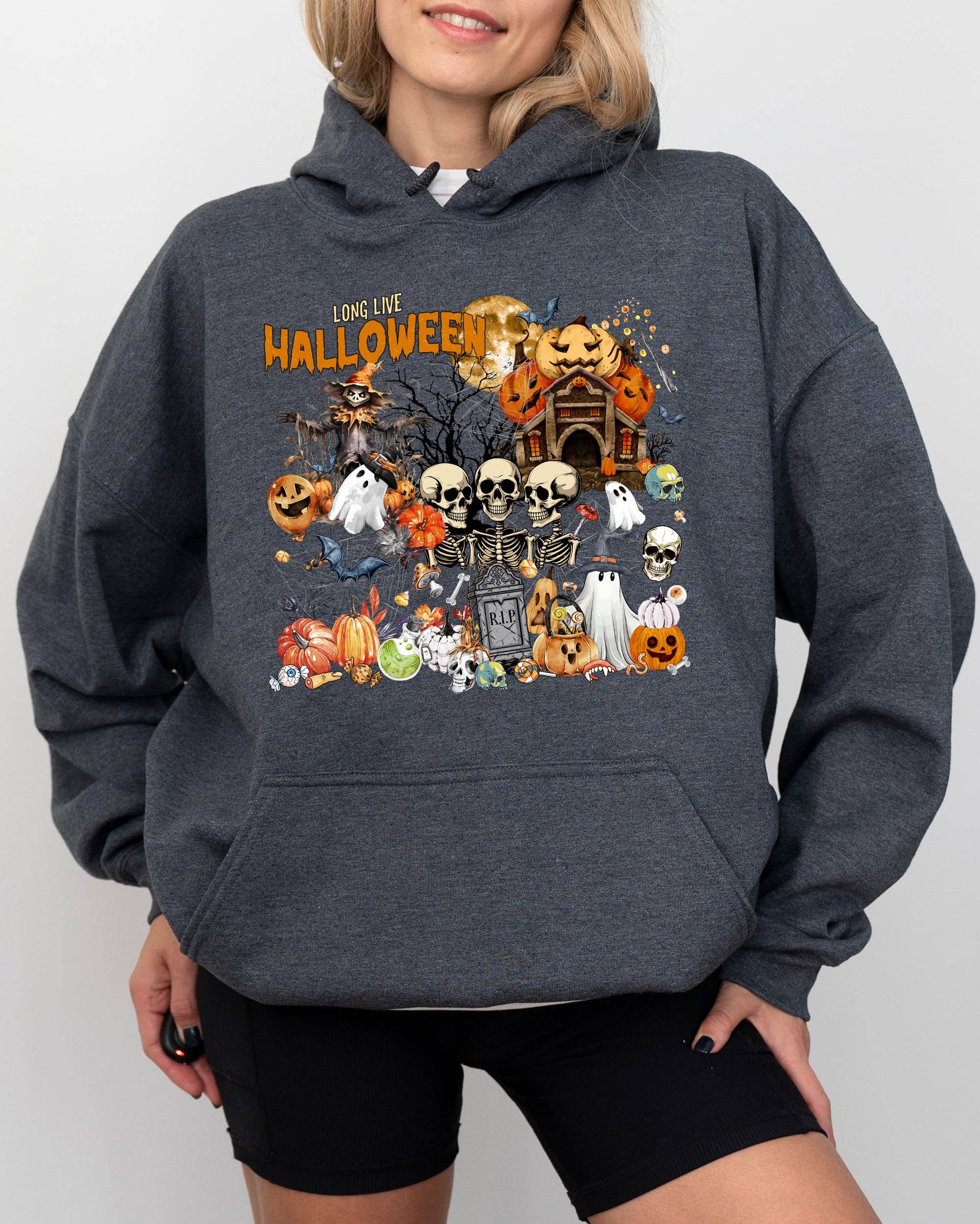 Long Live Halloween, Spooky Scene, Skeleton, Ghost Hoodie T-Shirts, Sweatshirt | PodTeesHub.com