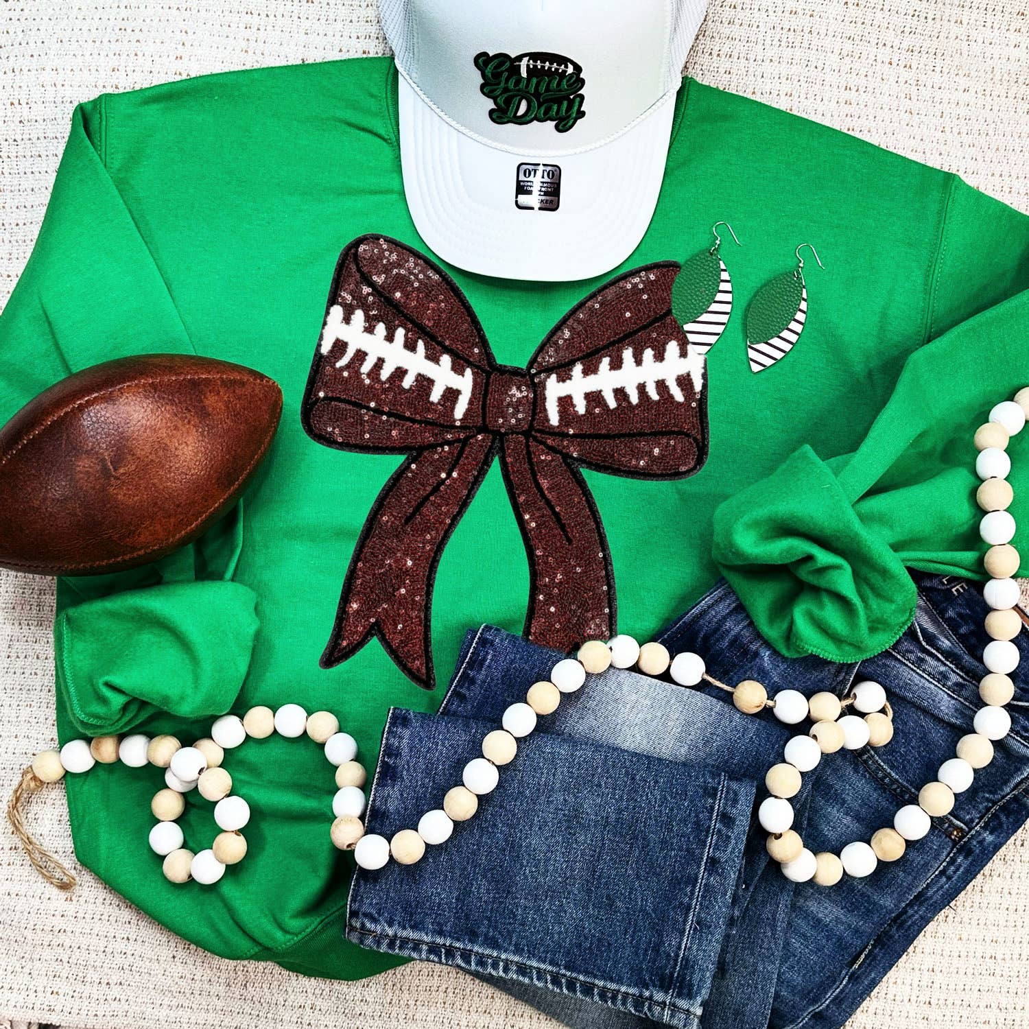 Sequins Football Bow Patch Irish Green Crewneck Sweatshirt T-Shirts, Hoodie | PodTeesHub.com