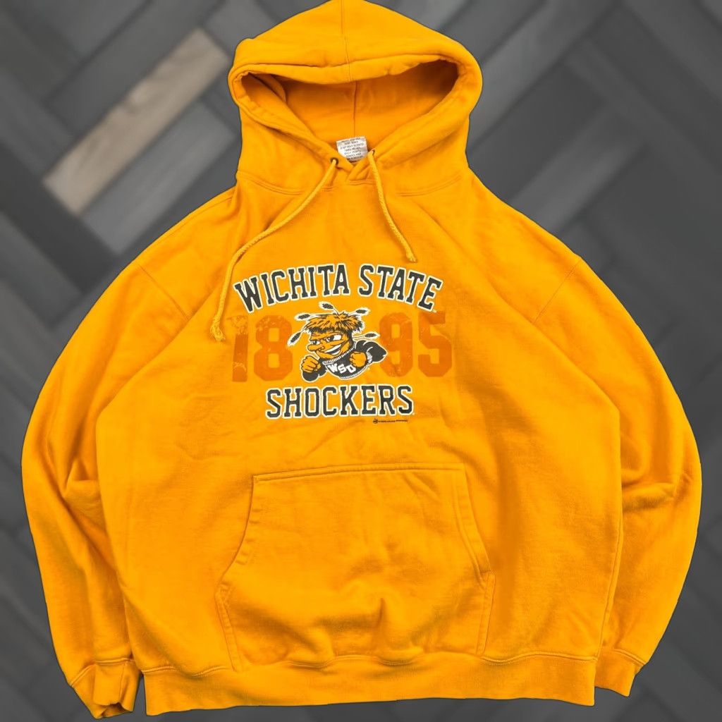 Vintage Wichita State Shockers Wsu University Hoodie Mens Xl Yellow Gold Boxy 90s Shirt Sweatshirt | PodTeesHub.com