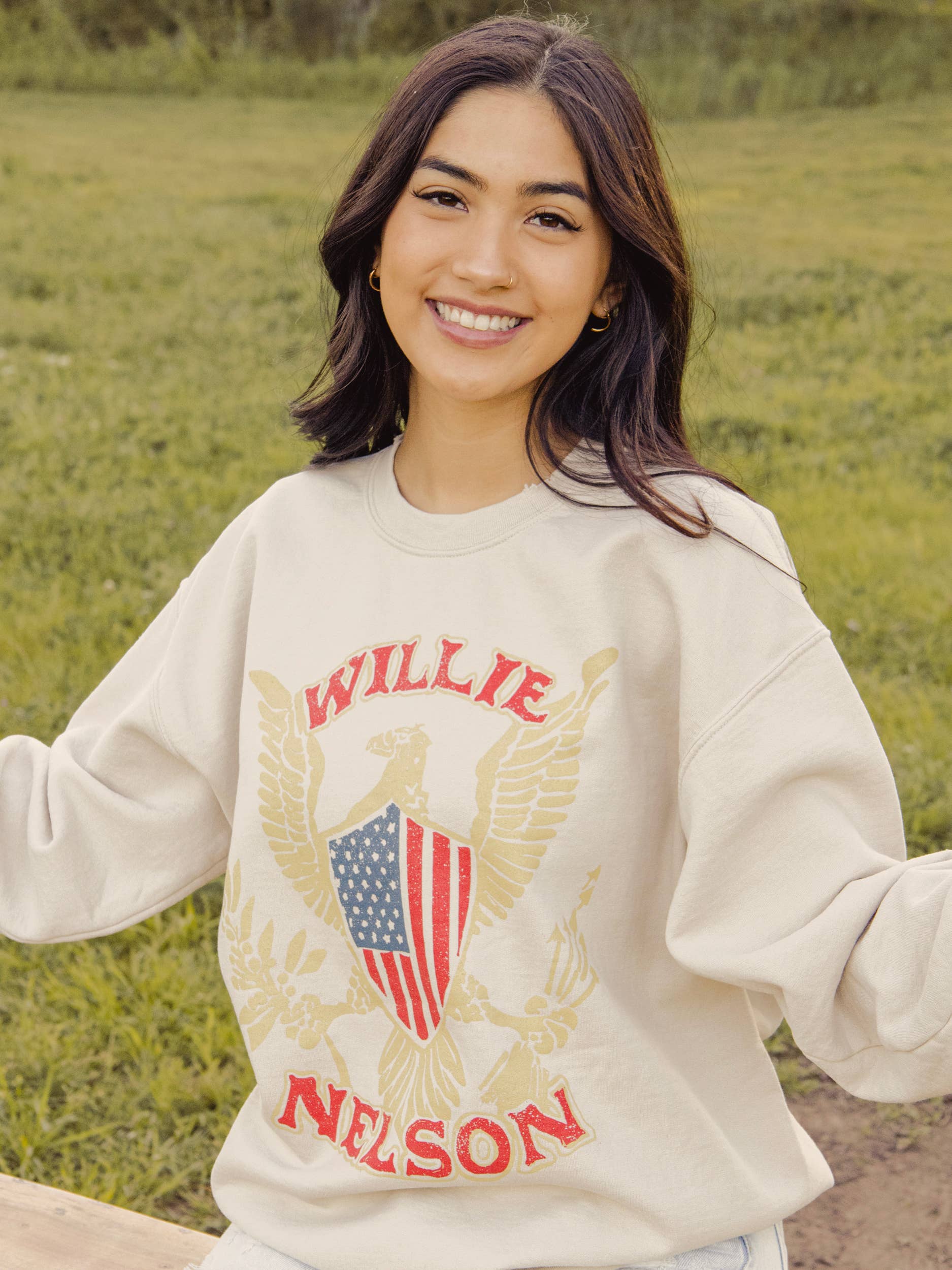Willie Nelson Eagle Shield Sand Thrifted Graphic Sweatshirt T-Shirts, Hoodie | PodTeesHub.com