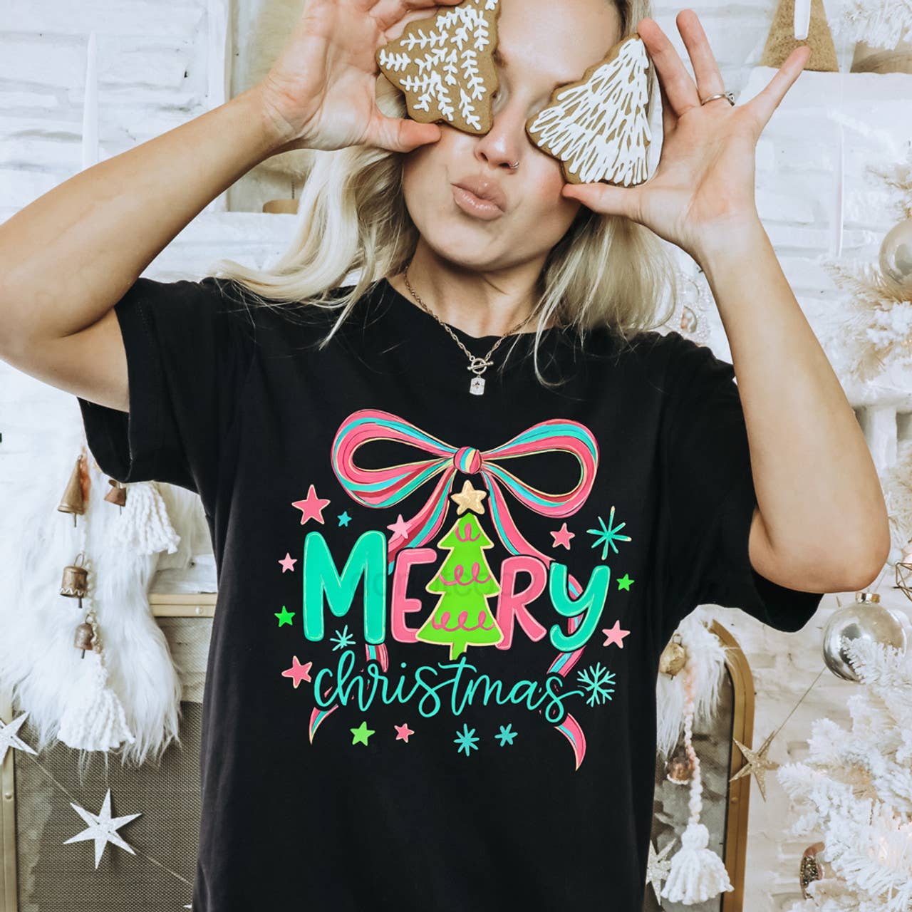 Bright Merry Christmas Bow Tee Hoodie, Sweatshirt | PodTeesHub.com