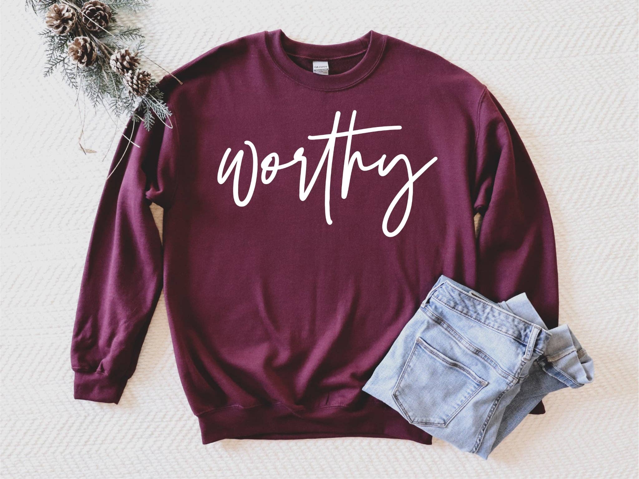 Christian Worthy Maroon Faith Cozy Graphic Sweatshirt T-Shirts, Hoodie | PodTeesHub.com