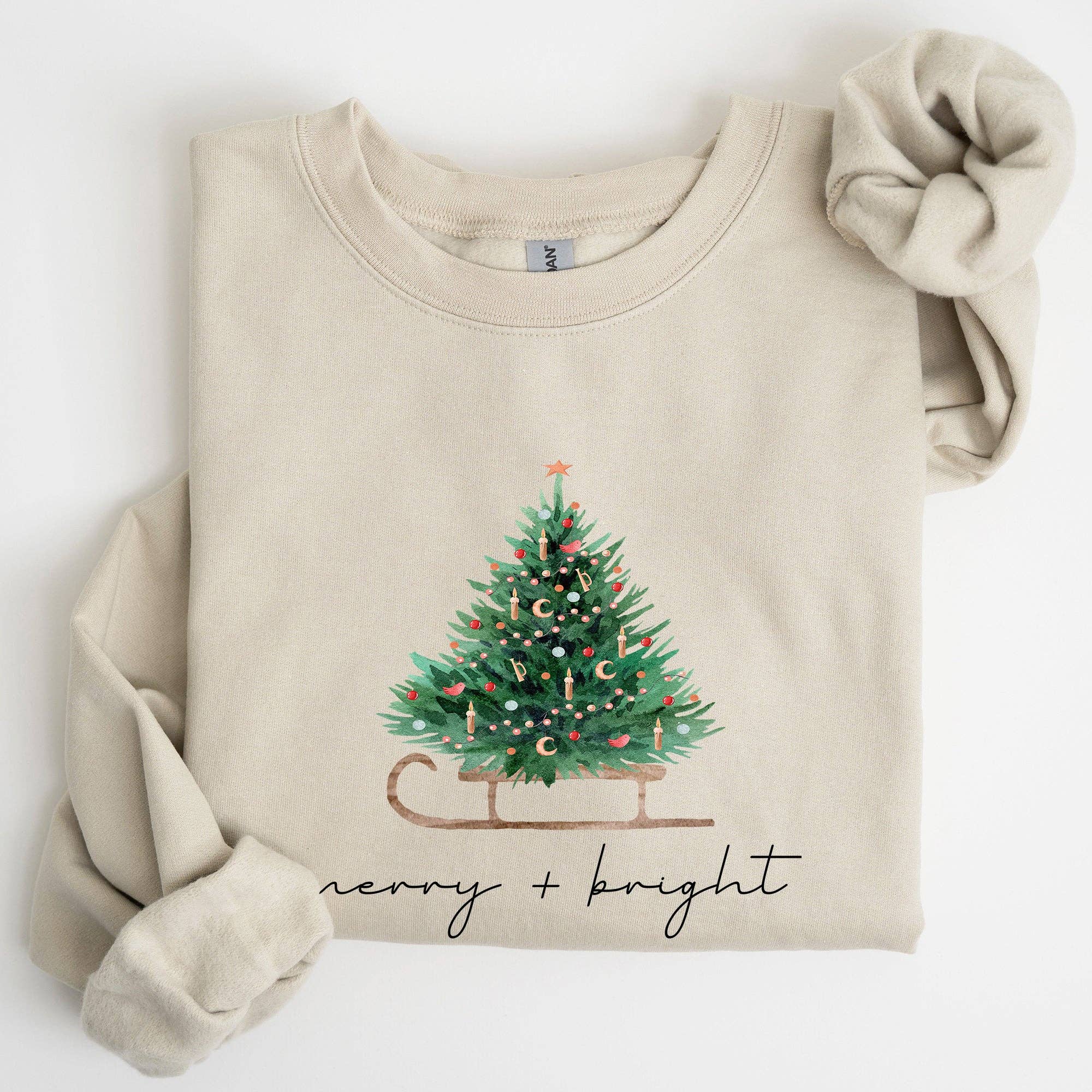Merry and Bright, Sleigh Christmas Tree Snow Xmas Sweatshirt T-Shirts, Hoodie | PodTeesHub.com