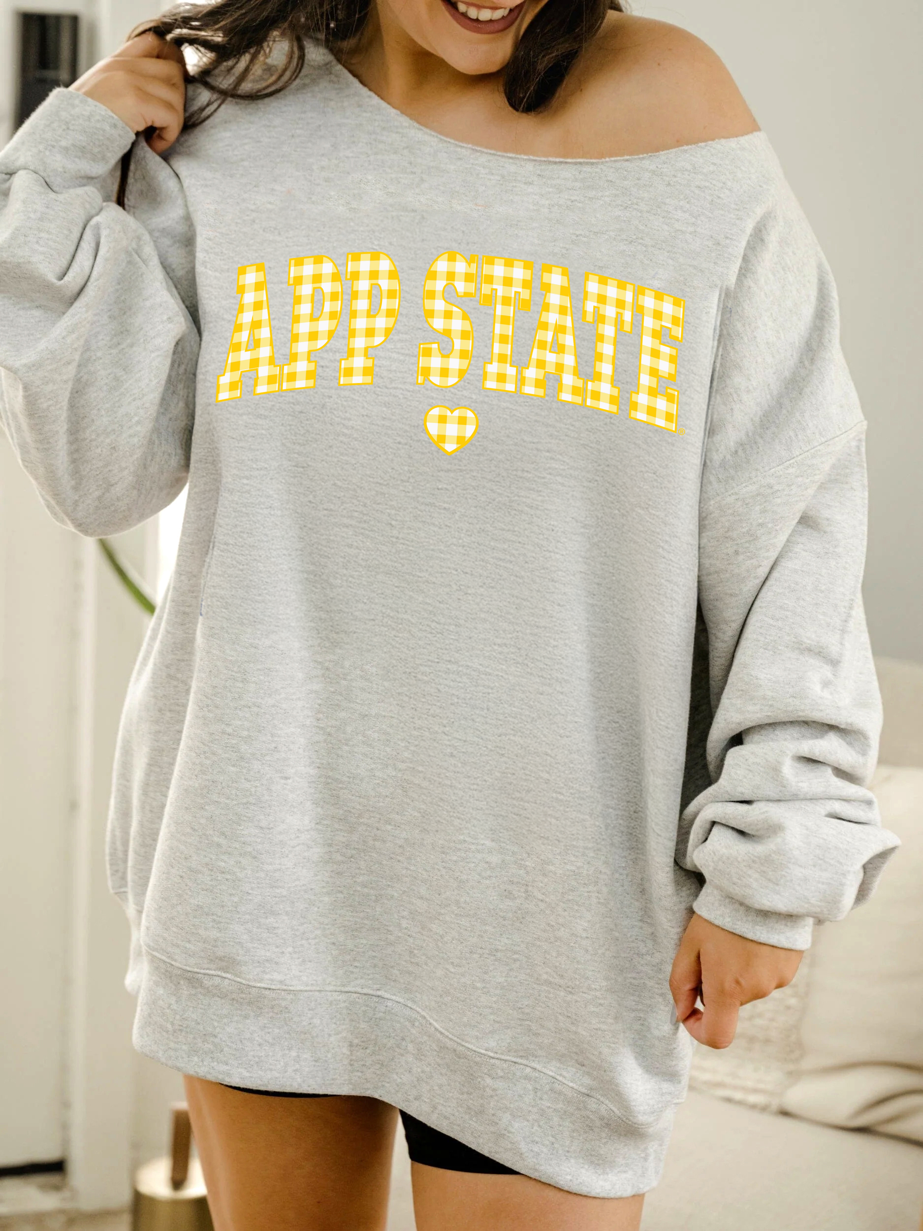 Appalachian State Gingham Heart Gray Flashdance Sweatshirt T-Shirts, Hoodie | PodTeesHub.com