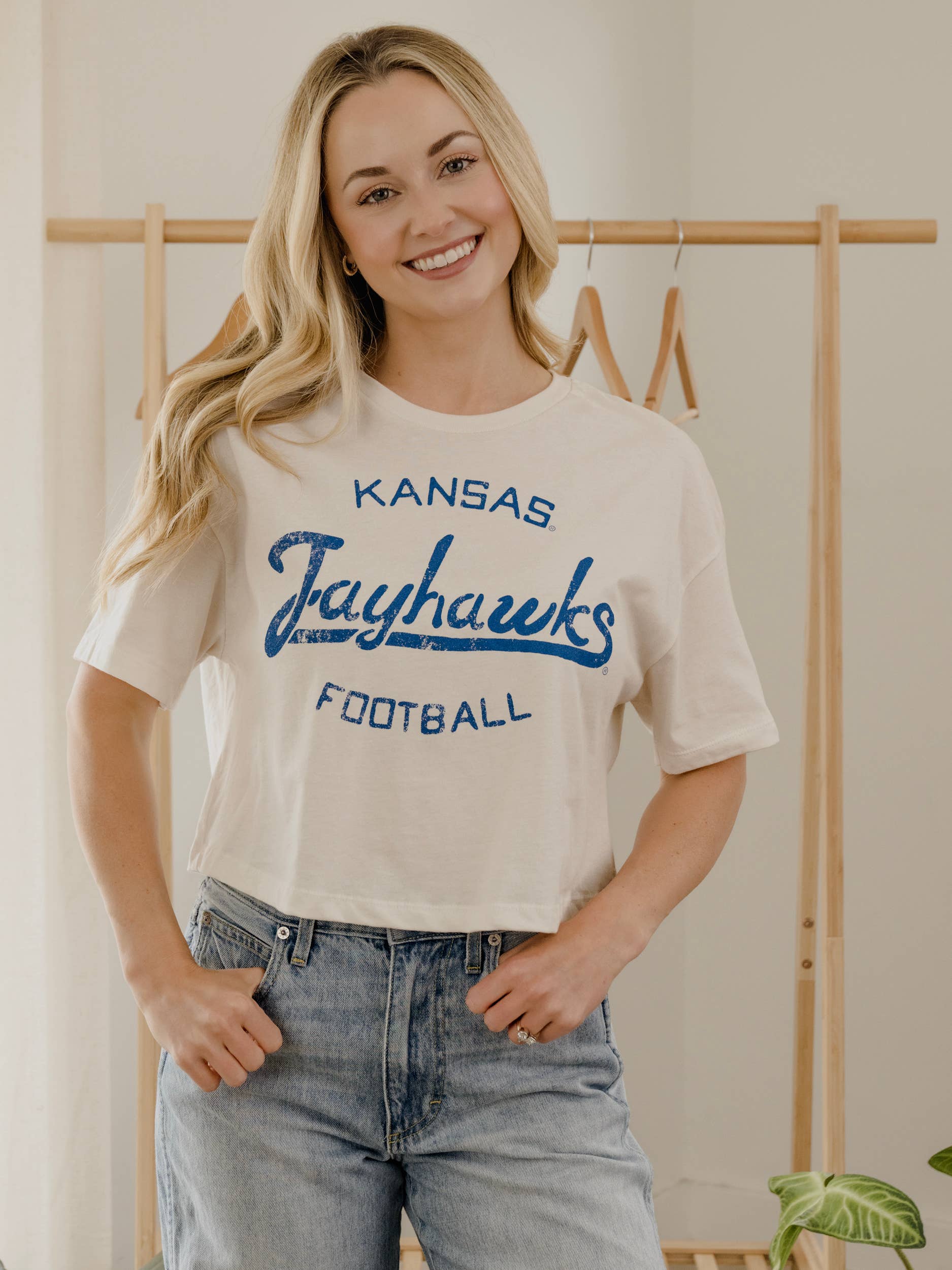 Ku Jayhawks Football Stencil Off White Cropped Tee Hoodie, Sweatshirt | PodTeesHub.com