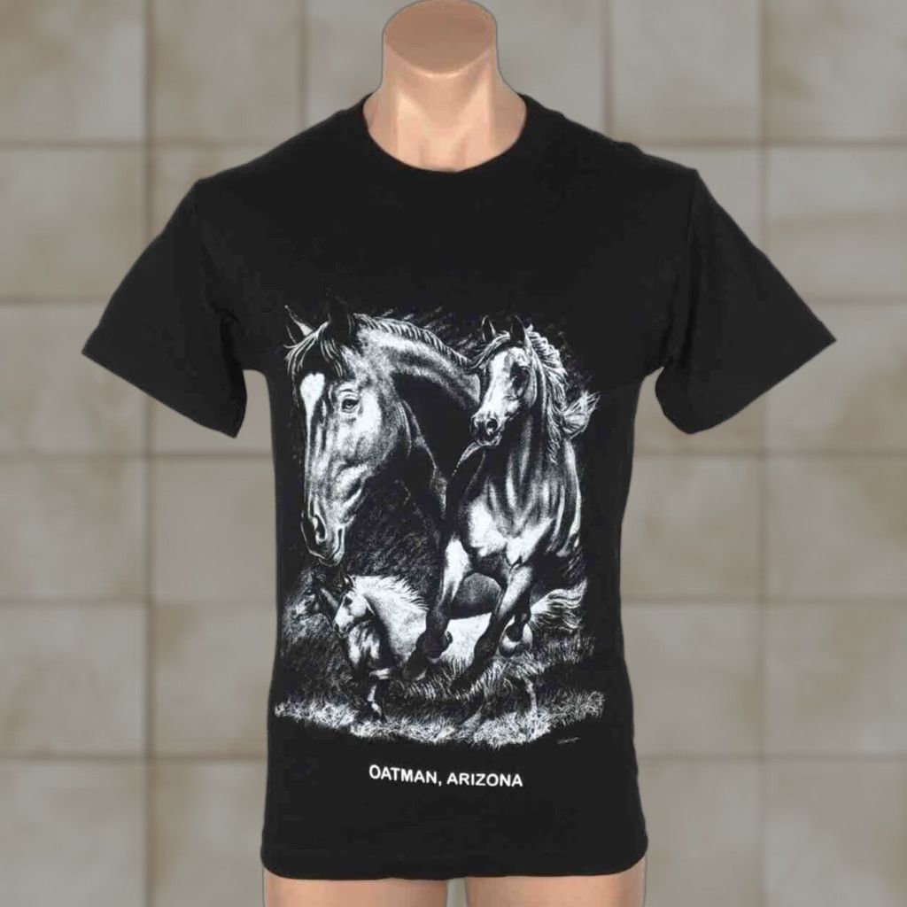 Vintage Alstyle T Shirt Horse Travel Oatman Az Black White Graphic Mens S 90s Hoodie, Sweatshirt | PodTeesHub.com