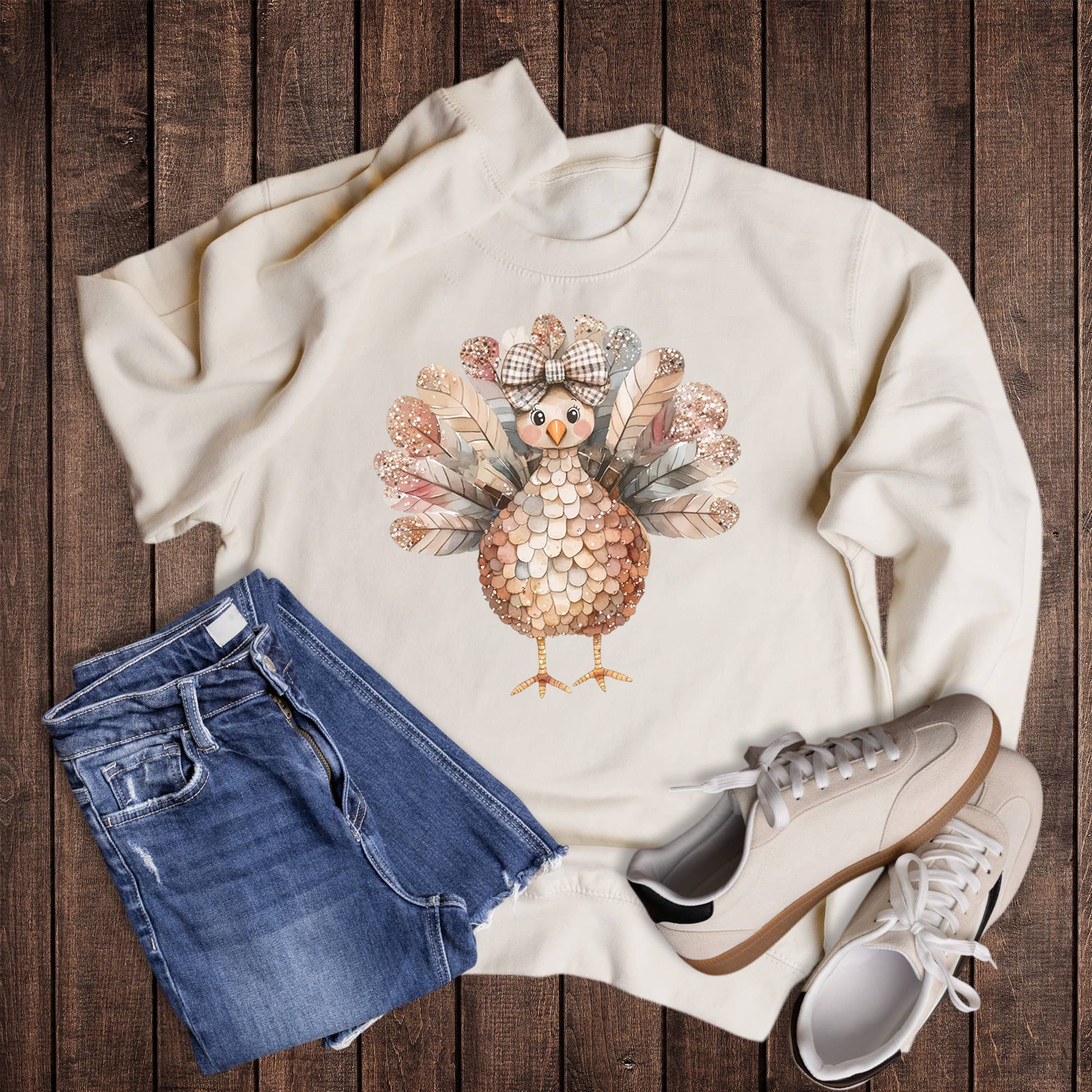 Fall Glitter Bow Turkey Sweatshirt T-Shirts, Hoodie | PodTeesHub.com