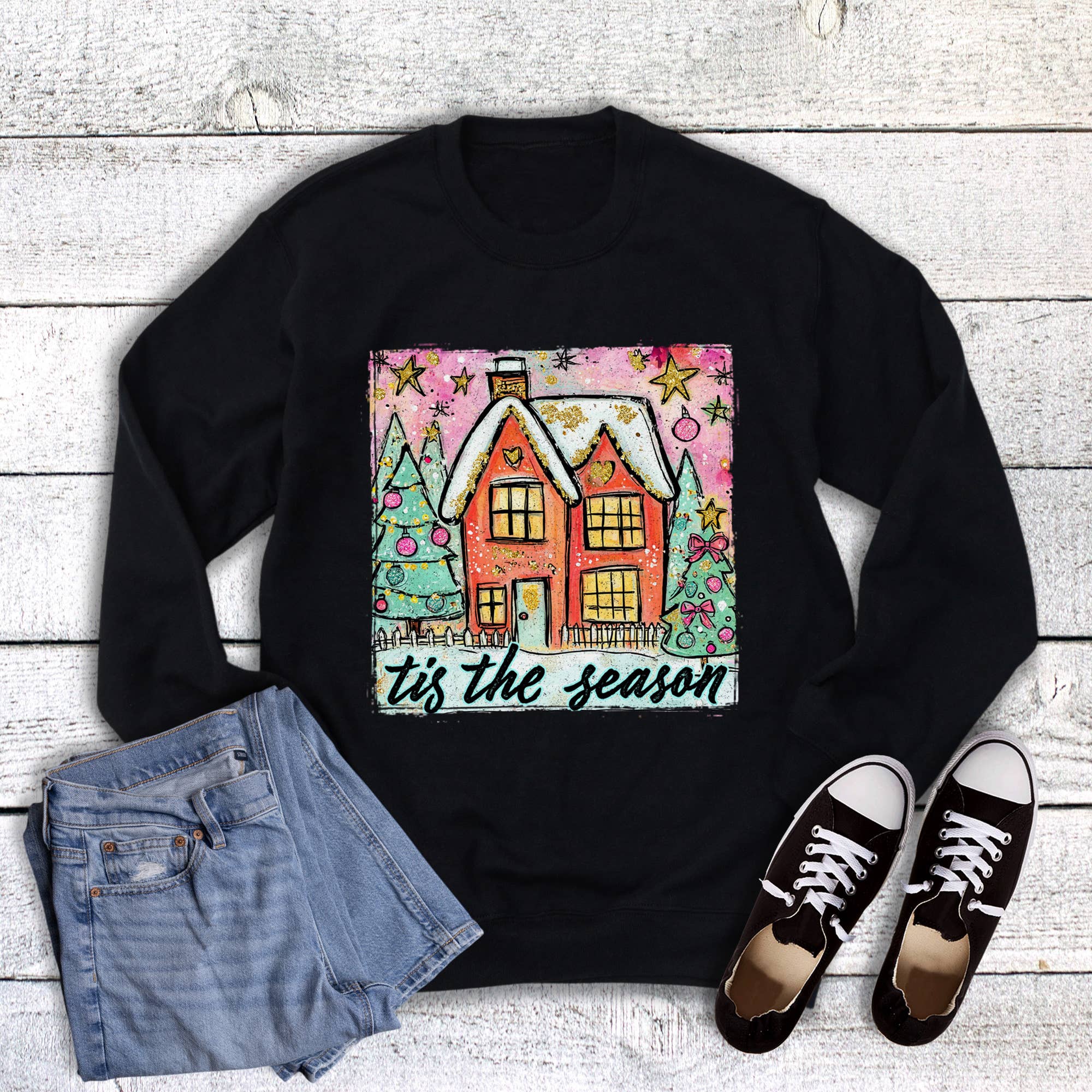 Christmas Glittery Watercolor Tis the Season Sweatshirt T-Shirts, Hoodie | PodTeesHub.com