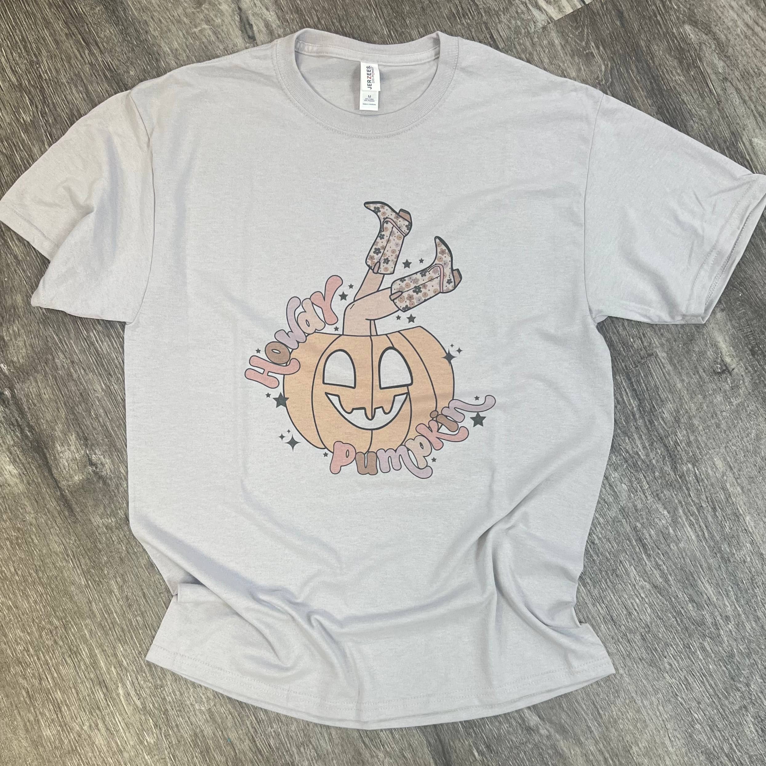 Howdy Pumpkin Cowgirl Boots On Silver Tee Hoodie, Sweatshirt | PodTeesHub.com