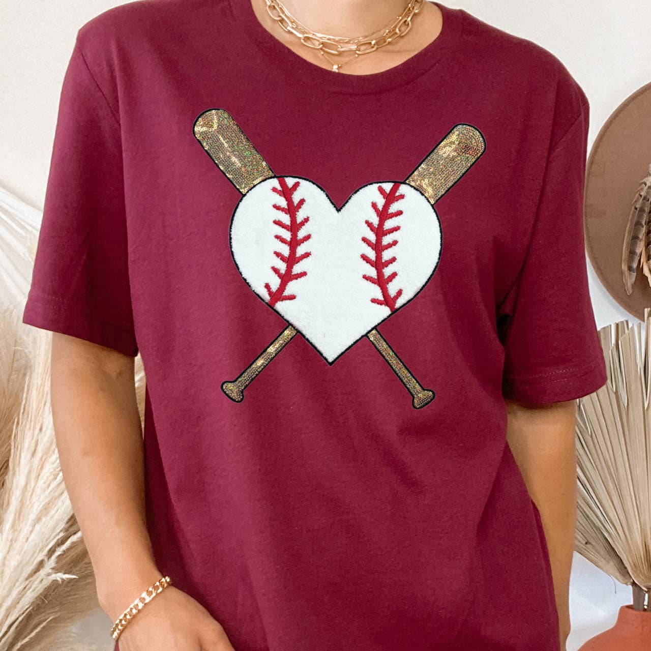 Baseball Heart and Bats Chenille/Sequin Patch Garnet Everyday Tee Hoodie, Sweatshirt | PodTeesHub.com