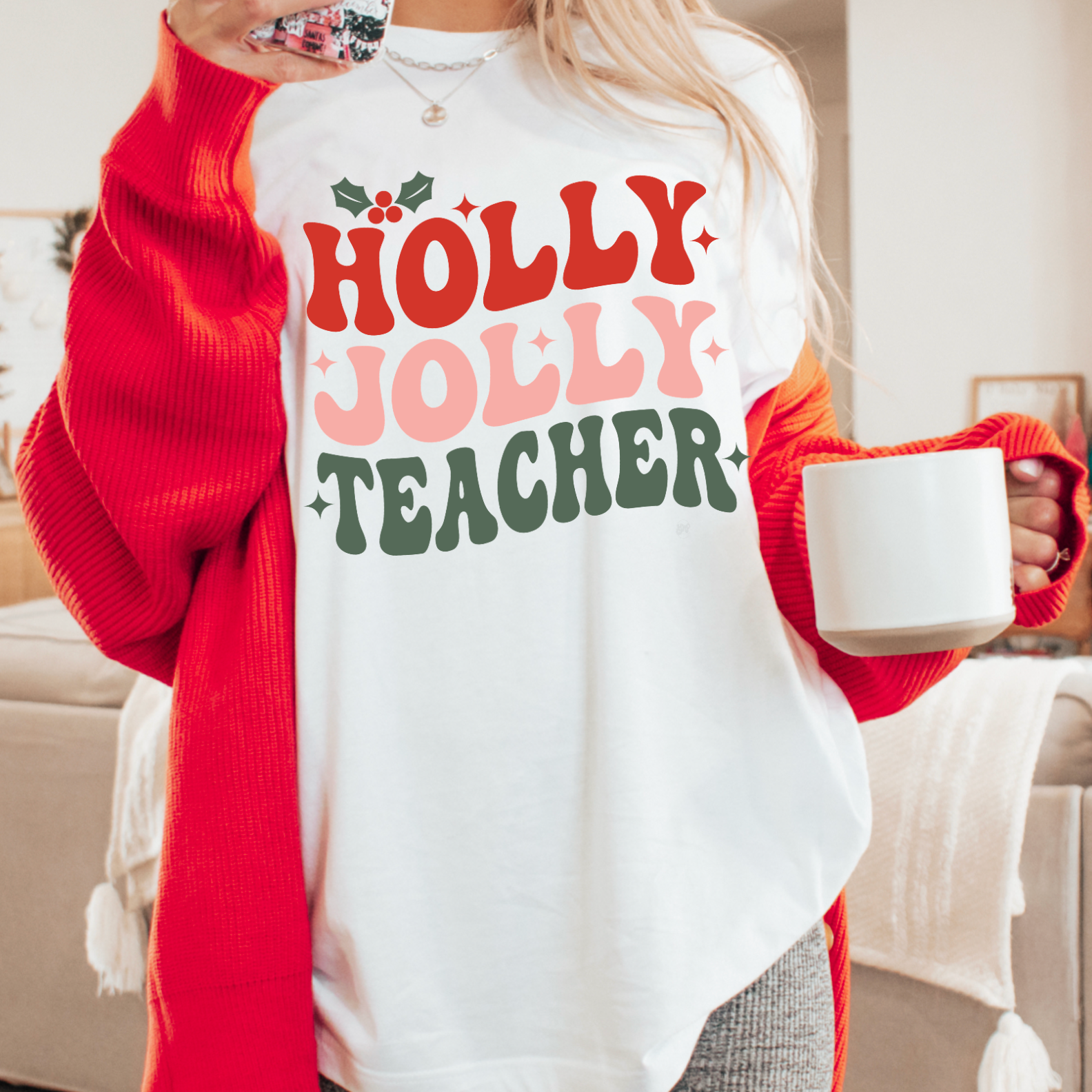 Holly Jolly Teacher Christmas Gildan Graphic Tee Hoodie, Sweatshirt | PodTeesHub.com