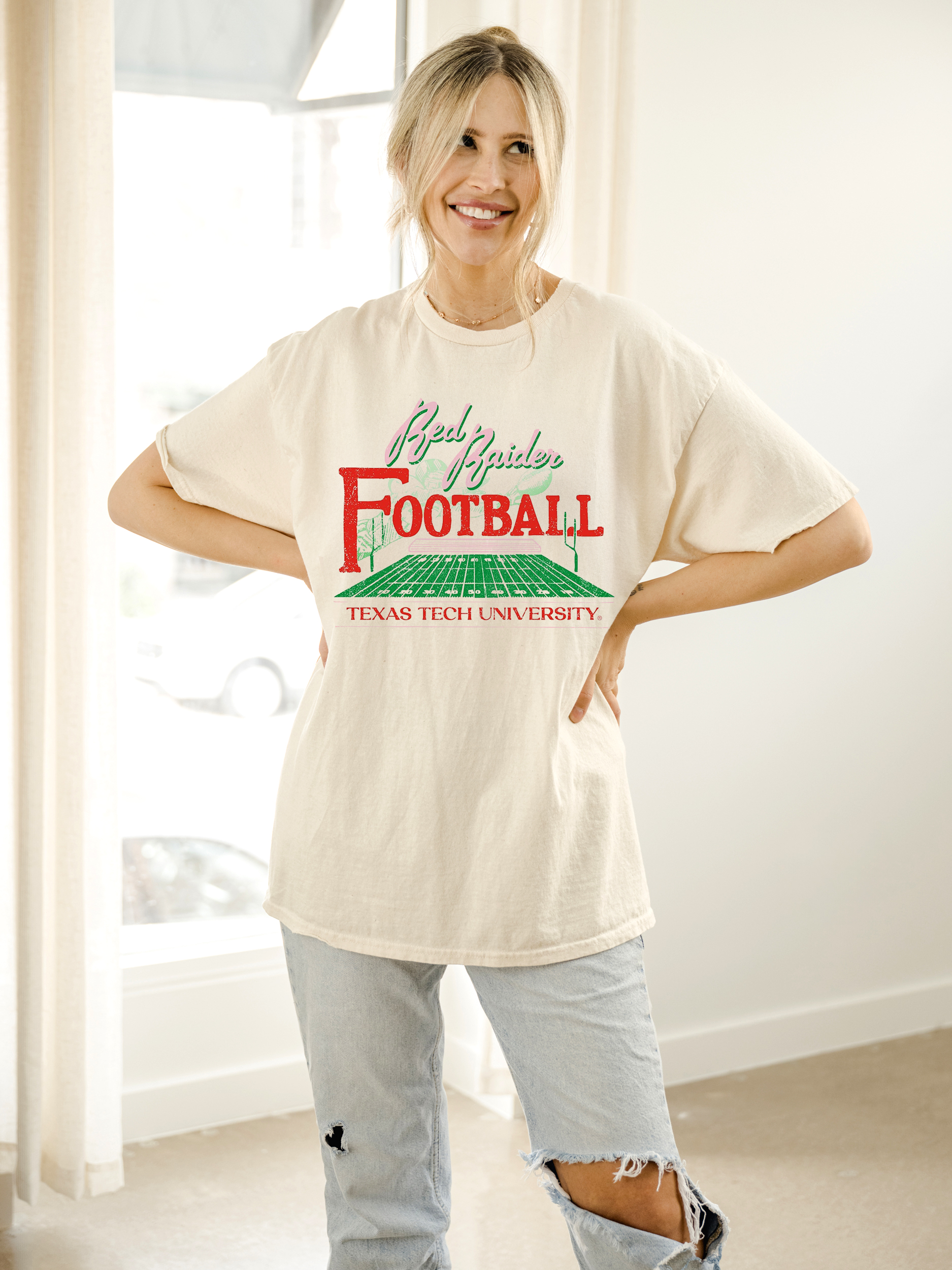 Texas Tech Red Raiders Football Field Off White Thrifted Tee Hoodie, Sweatshirt | PodTeesHub.com