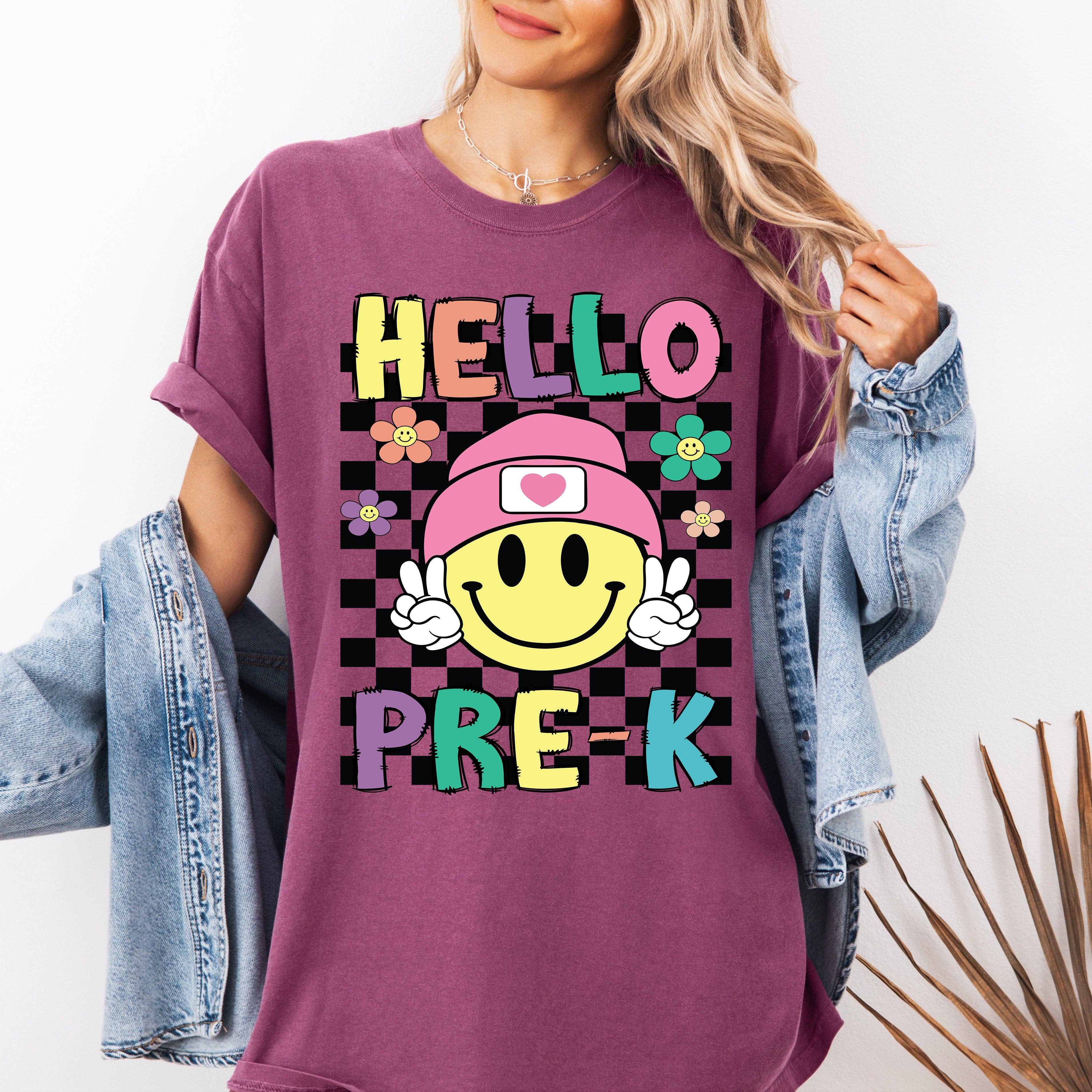 Hello Pre-K, Smiley Face Teacher Back To School Cute T-Shirt Hoodie, Sweatshirt | PodTeesHub.com