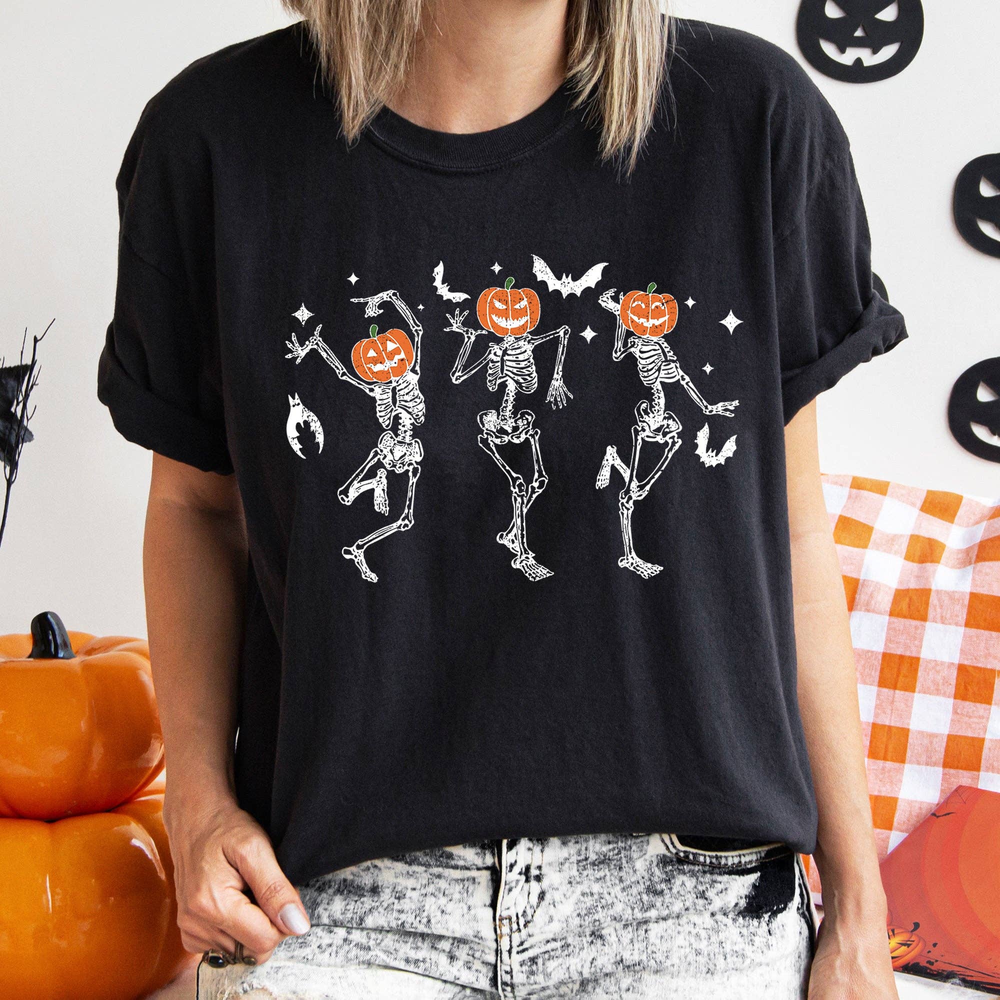 Dancing Pumpkin Skeletons Halloween T-Shirt White Print Hoodie, Sweatshirt | PodTeesHub.com