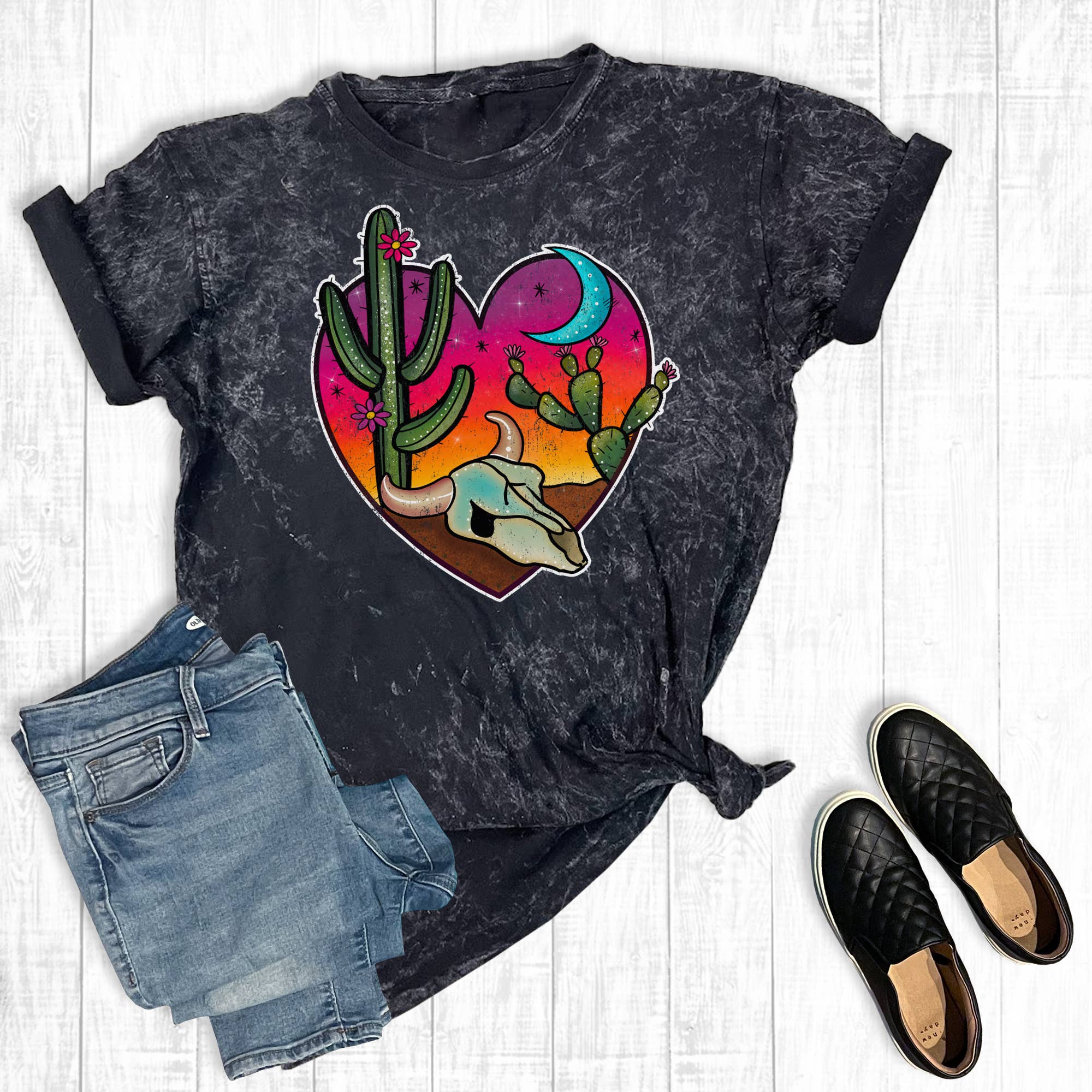Western Desert Heart Mineral Wash Graphic Tee Hoodie, Sweatshirt | PodTeesHub.com