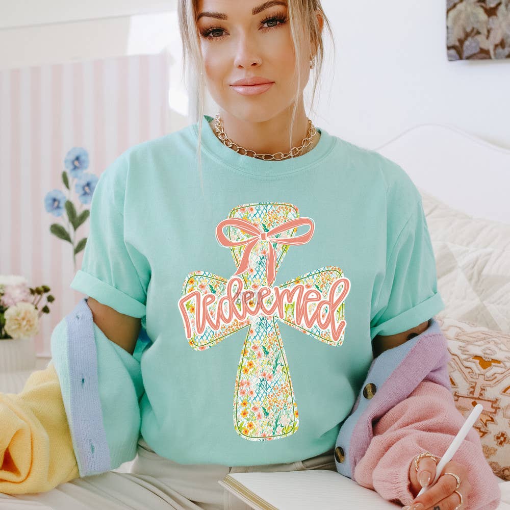 Redeemed Spring Floral Bow Cross Tee Hoodie, Sweatshirt | PodTeesHub.com