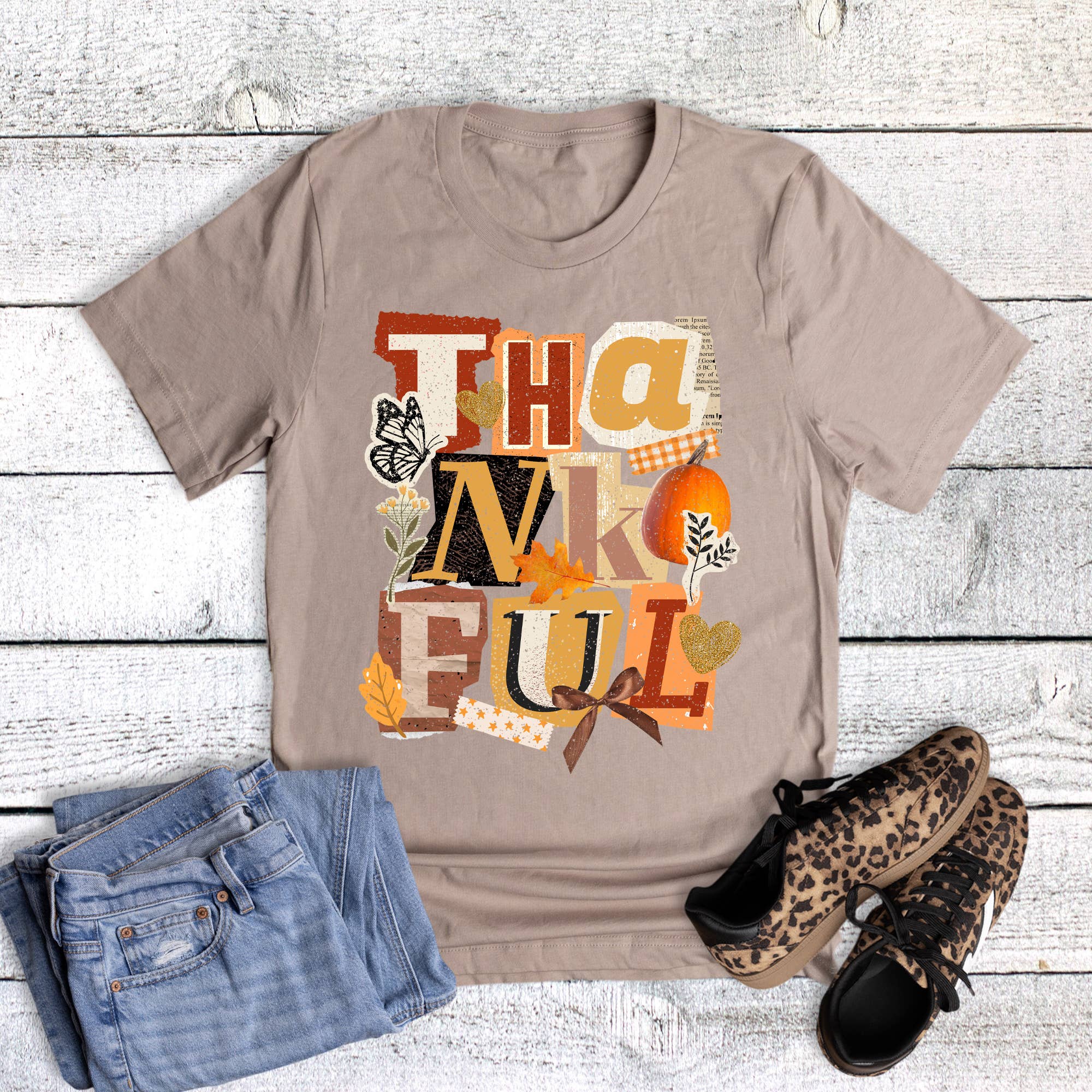 Fall Thankful Letter Collage Graphic Tee Hoodie, Sweatshirt | PodTeesHub.com