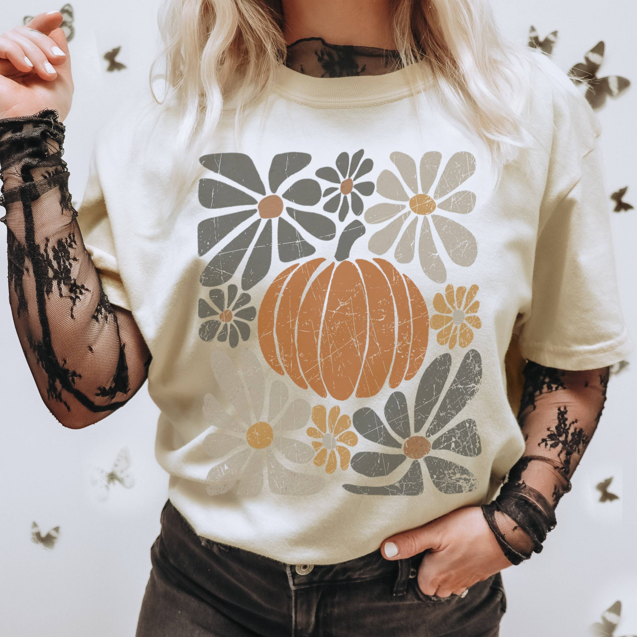Retro Pumpkin Floral Chart Tee Fall Holiday Graphic Tees Hoodie, Sweatshirt | PodTeesHub.com