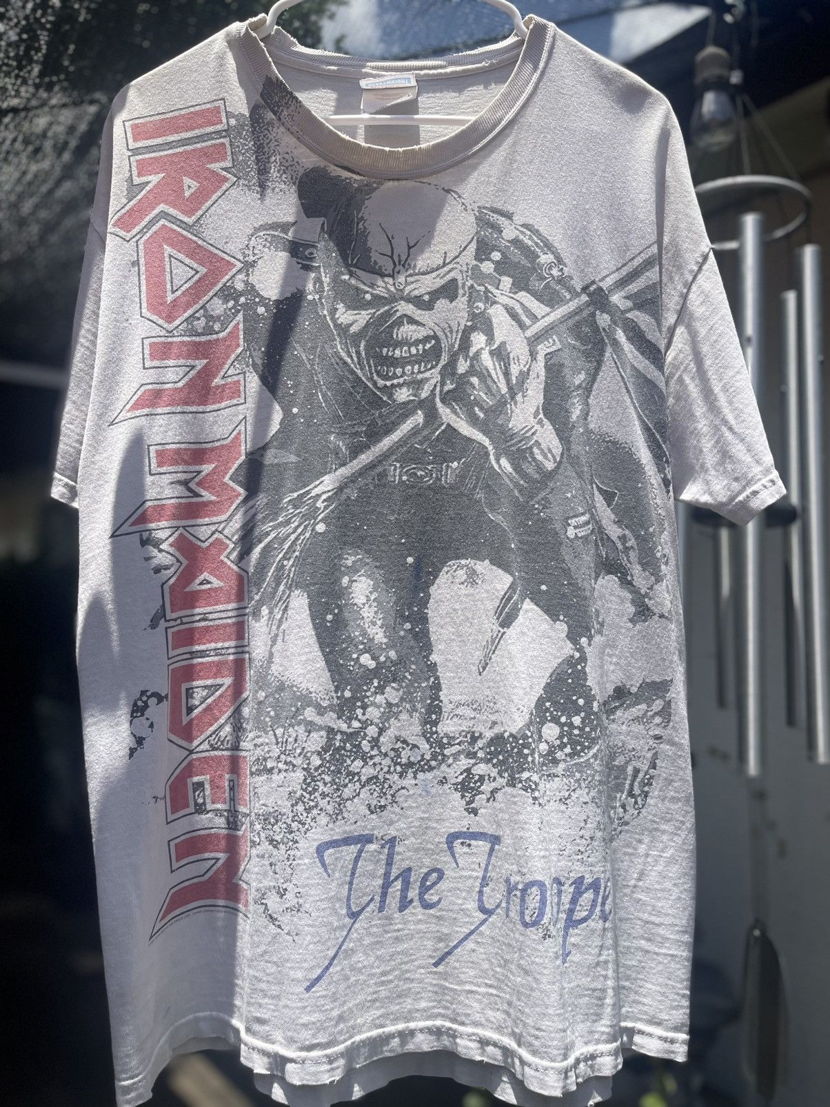 Band Tees Vintage Thrashed Iron Maiden The Trooper Aop Tee Hoodie, Sweatshirt | PodTeesHub.com