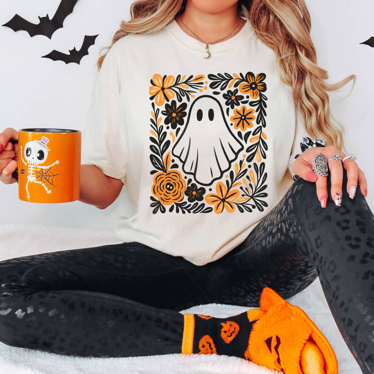 Boho Floral Ghost Tee Hoodie, Sweatshirt | PodTeesHub.com