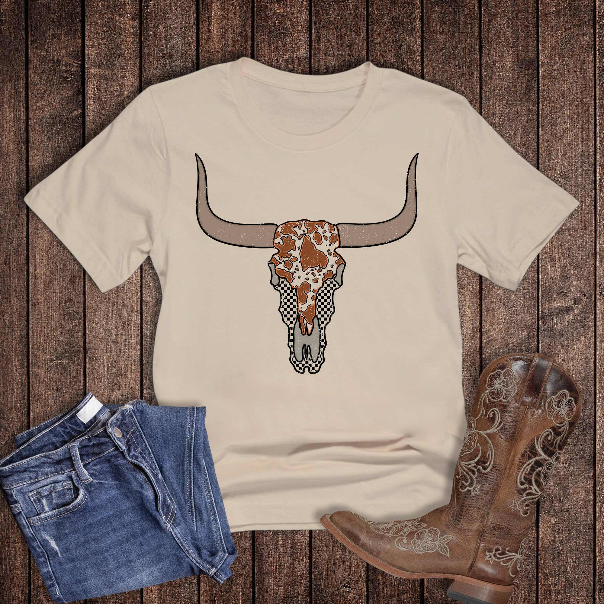 Western Check Cow Print Cow Skull Graphic Tee Hoodie, Sweatshirt | PodTeesHub.com