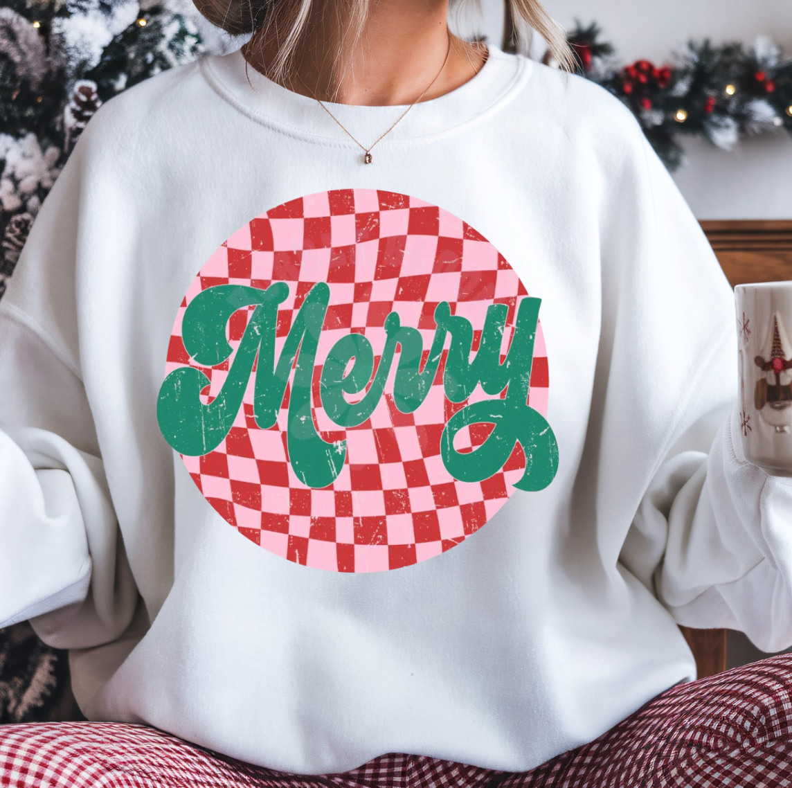 Retro Checkered Merry Crewneck Sweatshirt T-Shirts, Hoodie | PodTeesHub.com